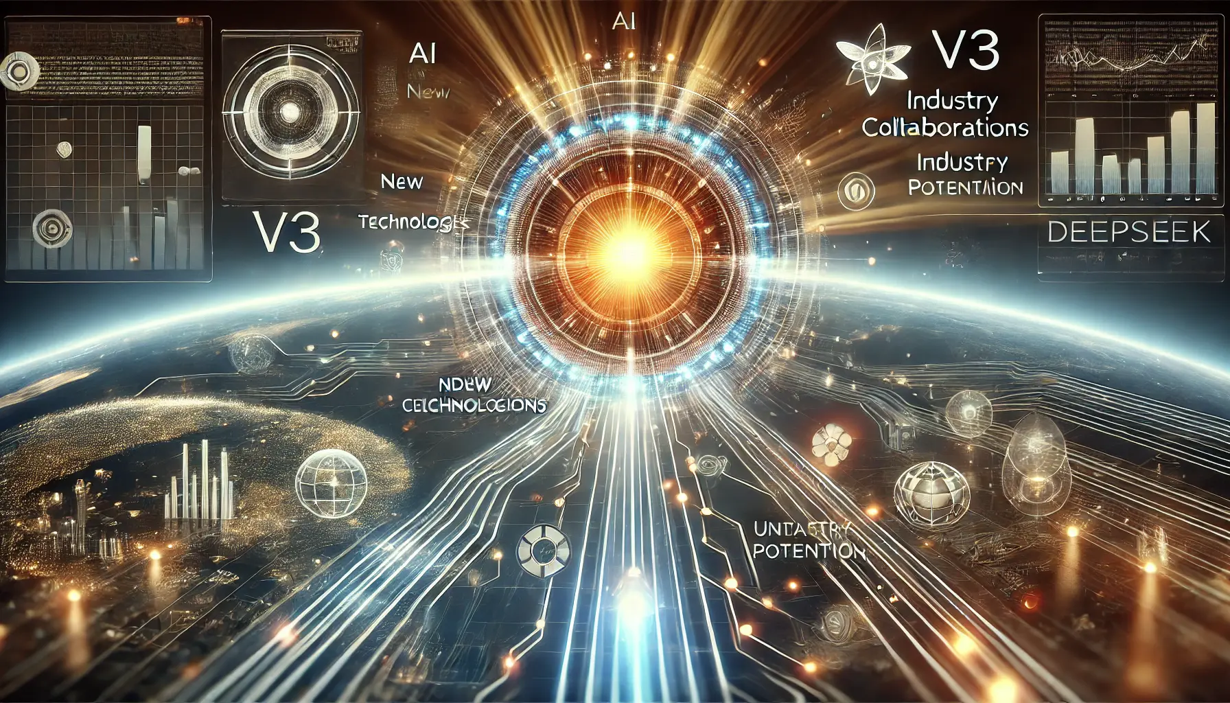 A futuristic visualization of DeepSeek v3’s future, with a glowing AI core and pathways leading to abstract representations of growth, innovation, and global expansion.