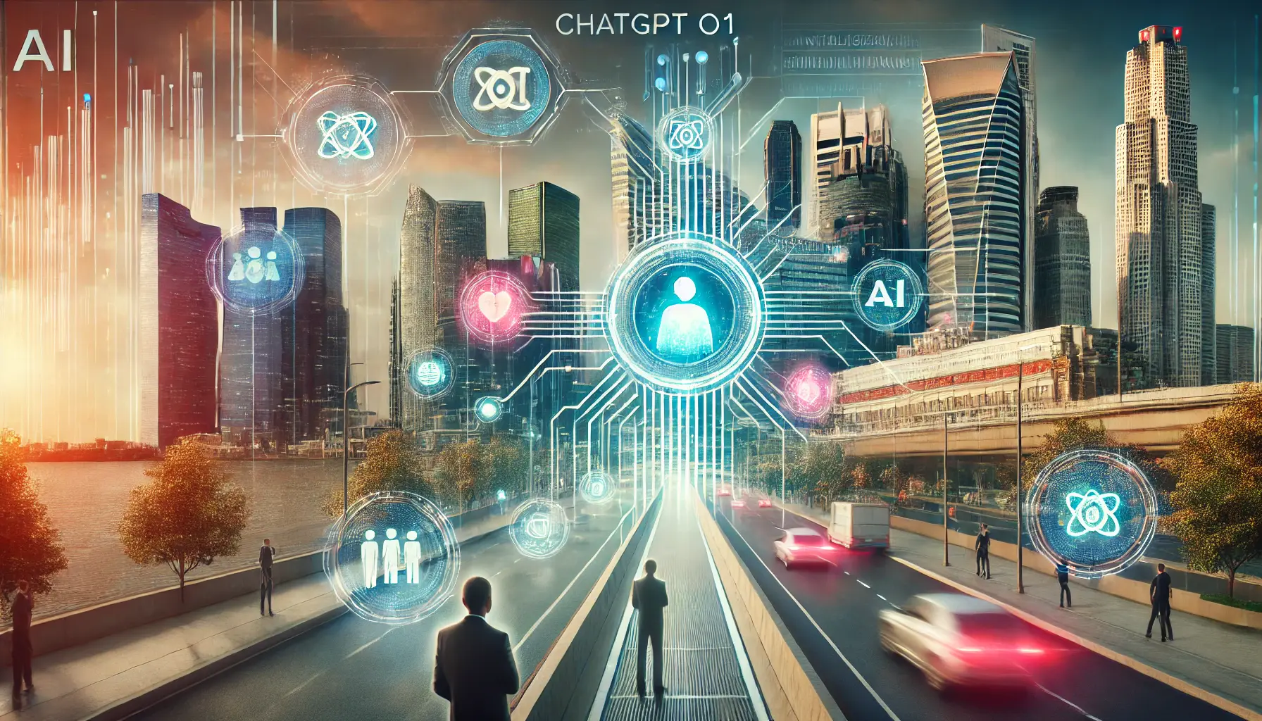 A futuristic cityscape illustrating the potential future developments of ChatGPT o1 and AI technology.