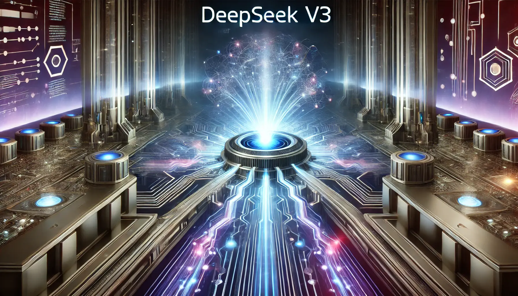 A futuristic AI visualization showing DeepSeek v3 processing vast amounts of data with dynamic glowing data streams flowing into a central AI core, symbolizing the future of AI.