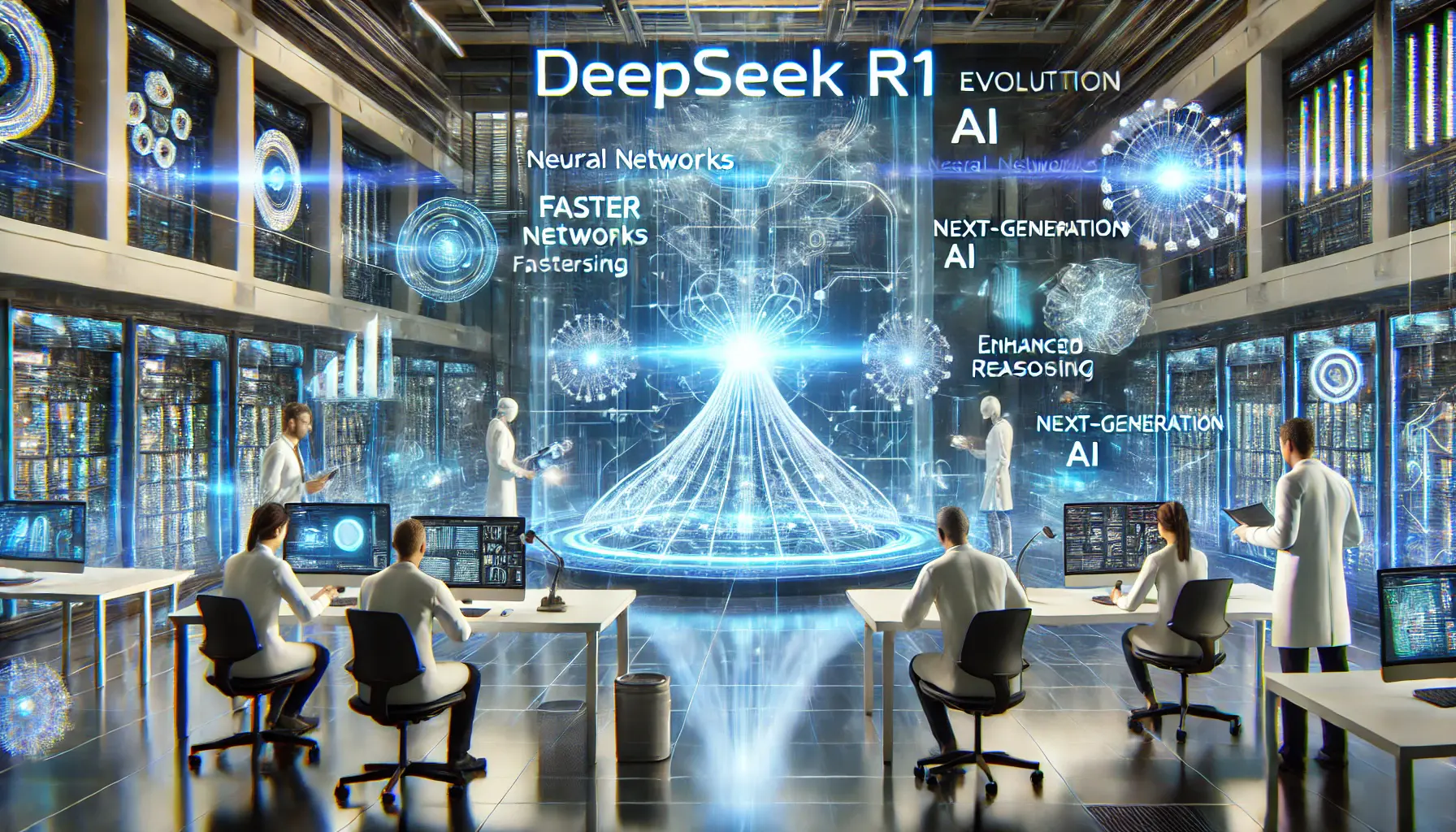 A futuristic AI development lab with engineers working on DeepSeek R1’s evolution, surrounded by holographic projections of next-generation AI capabilities.