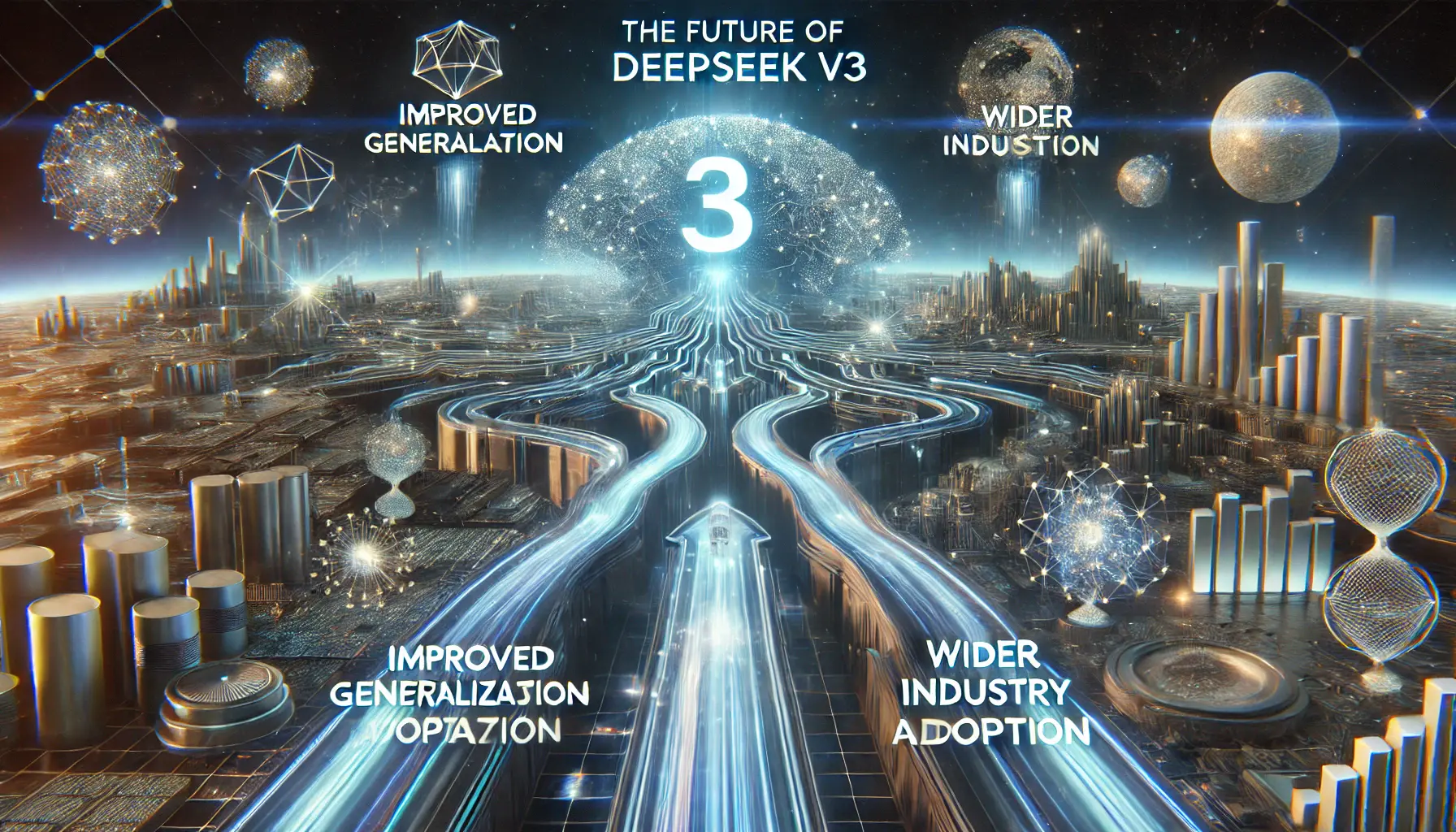 A futuristic visualization representing the future of DeepSeek V3, with glowing pathways leading to opportunities like improved generalization and edge computing.