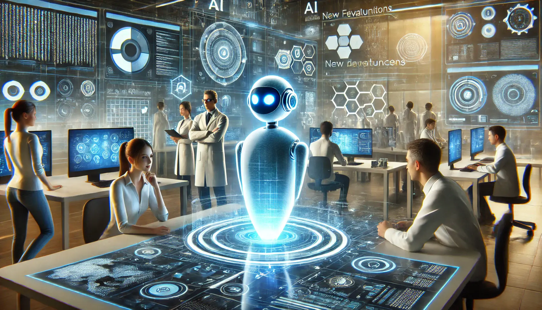 A futuristic AI research lab where a team of researchers collaborates on the next advancements for Qwen, exploring new AI capabilities for customer service automation.