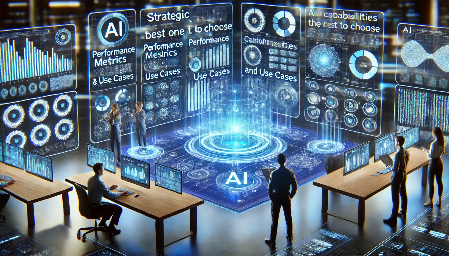 A high-tech decision-making environment where engineers analyze different AI models with holographic displays of performance metrics and use cases.