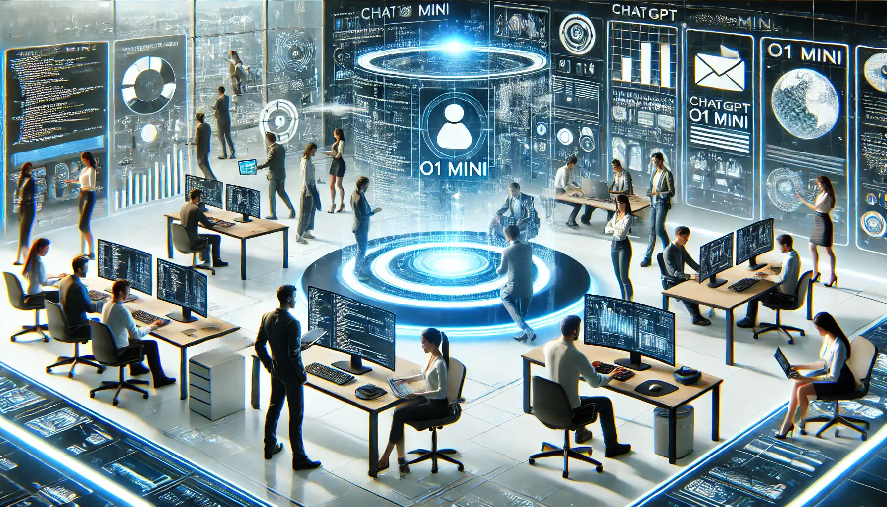 A futuristic digital workspace showing professionals from different fields interacting with ChatGPT o1 Mini, including developers, business owners, and freelancers.