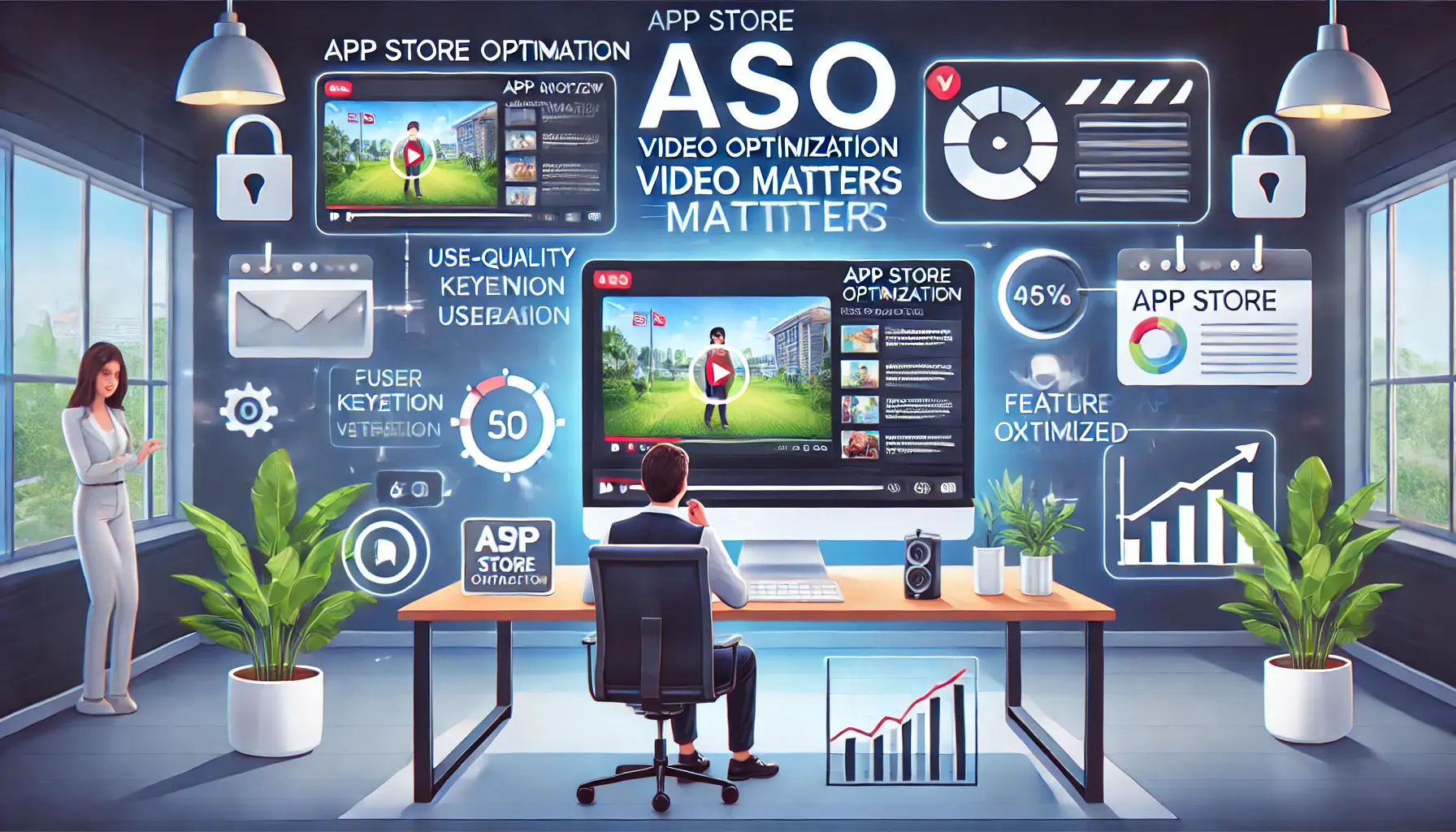 A digital illustration of a designer reviewing app store preview videos, comparing optimized and poorly optimized versions for ASO video optimization.