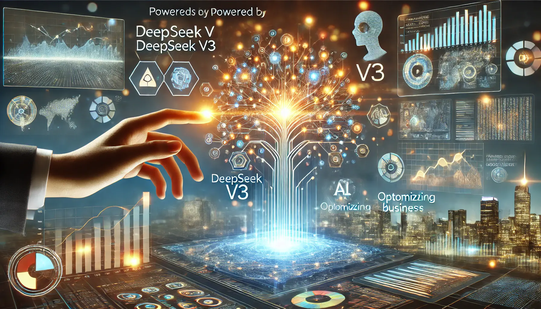 A futuristic AI system powered by DeepSeek v3, analyzing vast datasets and optimizing business strategies, with glowing neural networks and digital performance metrics in the background.