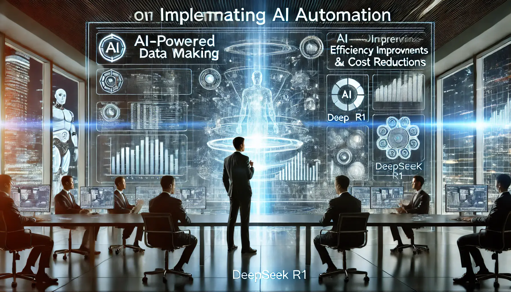 Executives analyzing AI-driven data visualizations in a high-tech corporate setting with holographic projections.