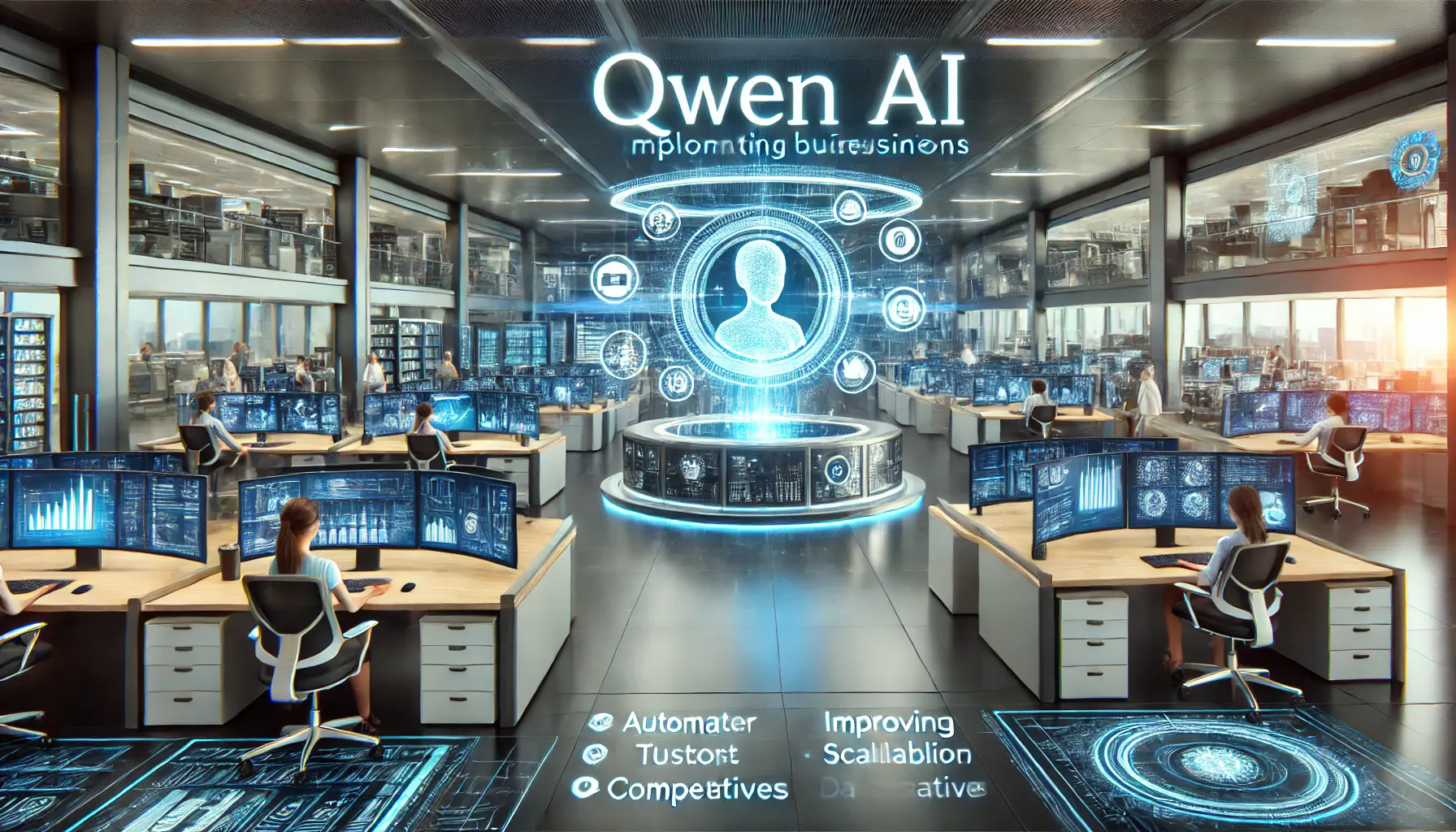 A high-tech business environment where Qwen AI is implemented across various departments, automating tasks and improving customer interactions.