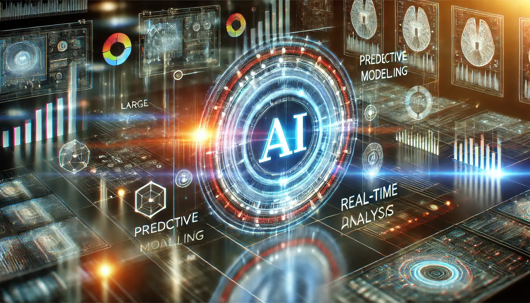 A futuristic AI system revolutionizing data analysis with advanced features like predictive modeling, large dataset handling, and real-time data processing.