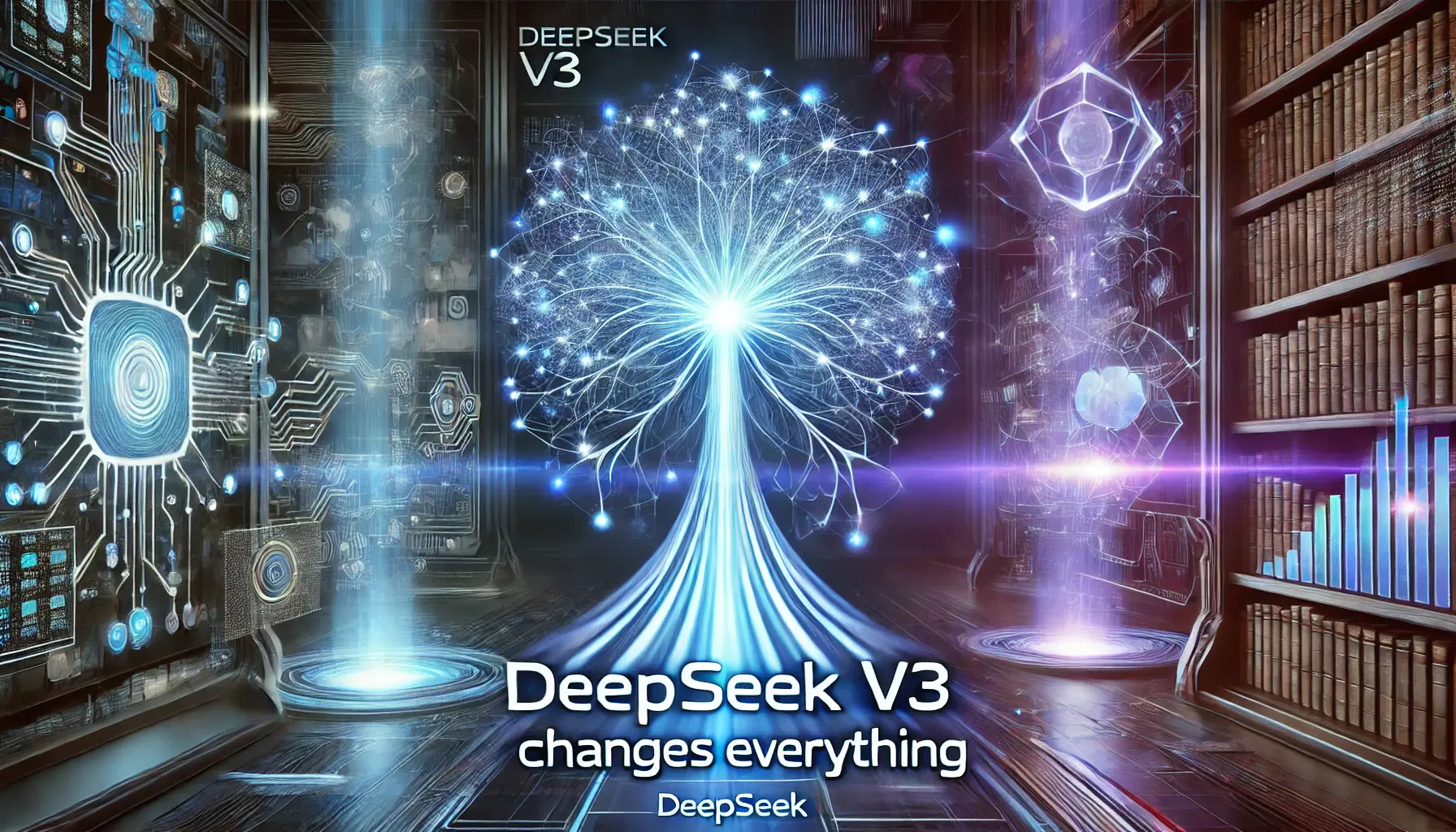 A futuristic AI visualization showing a powerful neural network processing vast amounts of data with glowing data streams flowing in multiple directions, symbolizing the revolutionary capabilities of DeepSeek v3.