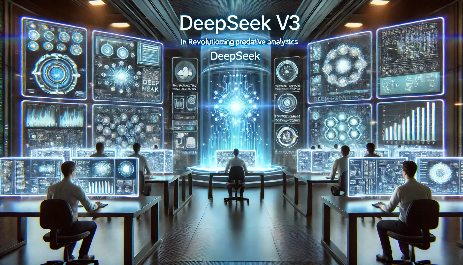 A futuristic AI-powered control room showing engineers working with DeepSeek v3, emphasizing its game-changing impact on predictive analytics.