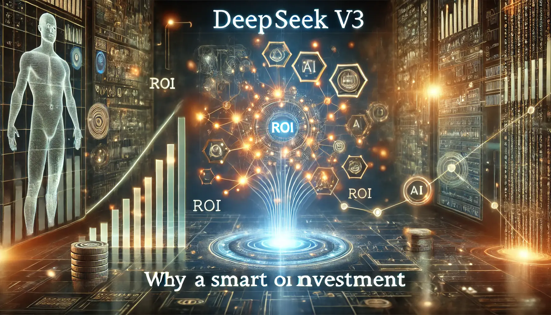 A futuristic digital environment showcasing the growth potential and profitability of DeepSeek v3, with increasing returns on investment and interconnected AI systems.