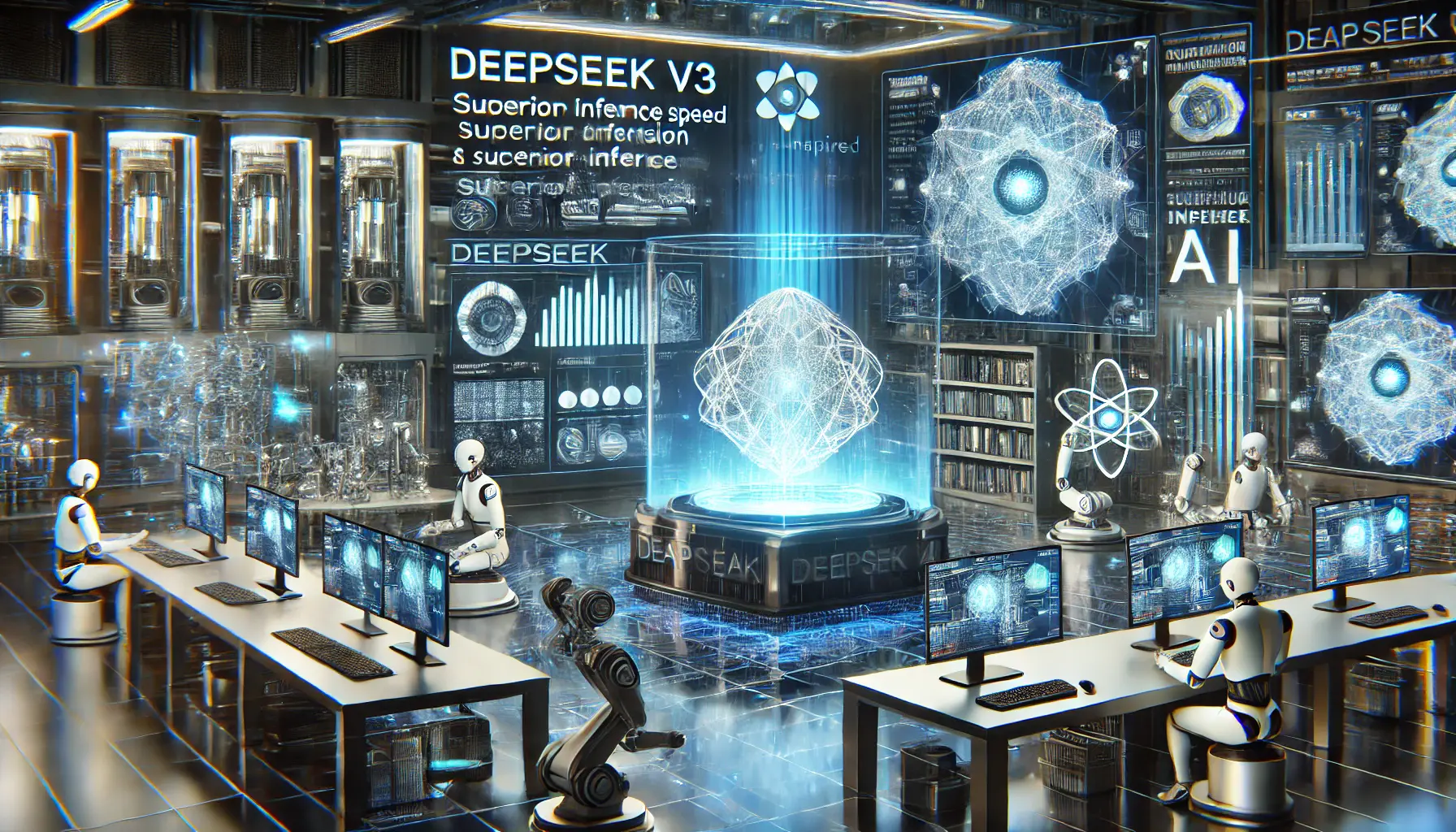 A futuristic AI laboratory featuring a powerful quantum-inspired AI processor, with holographic projections of data analytics and real-time AI performance comparisons.