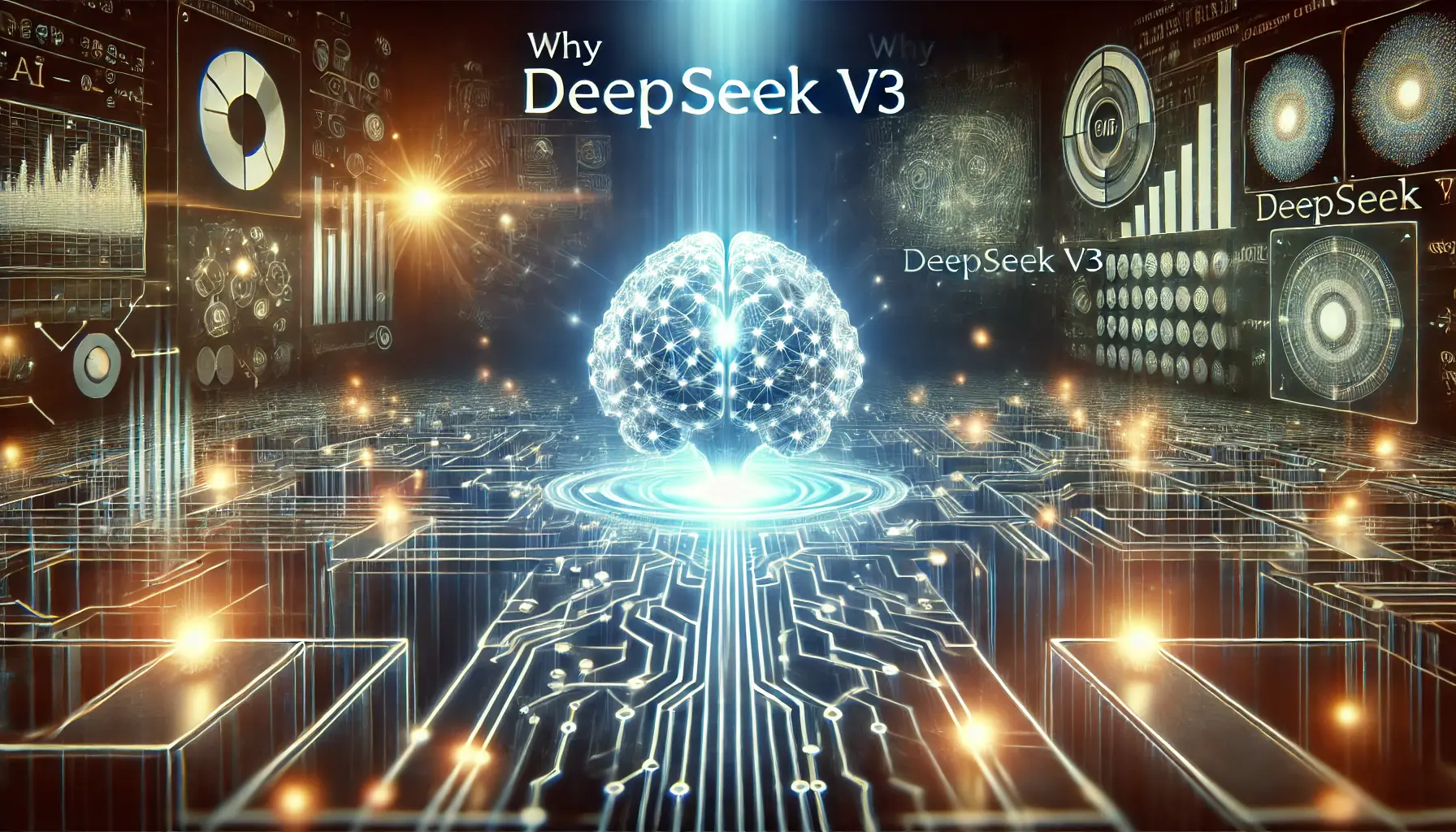 A glowing AI brain surrounded by streams of data and interconnected neural networks, showcasing the innovative capabilities of DeepSeek v3.