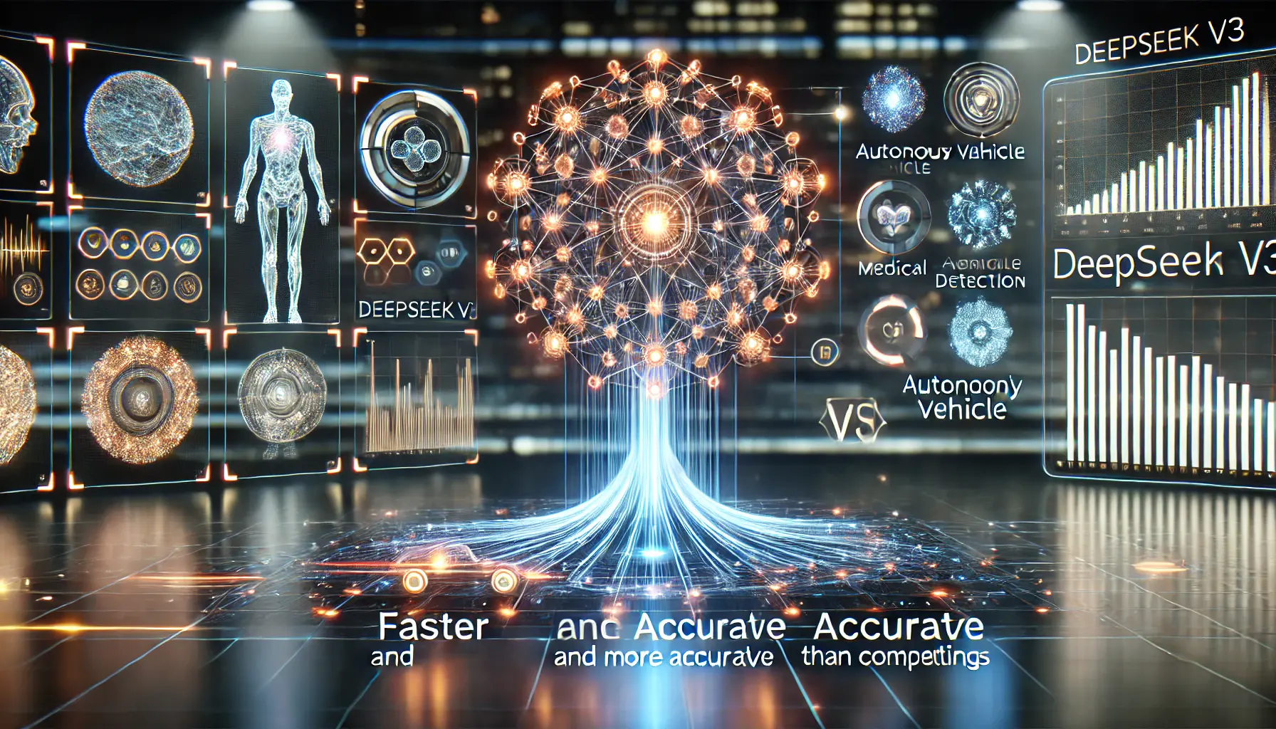 A futuristic AI system processing complex visual data faster and more accurately than competing models in a high-tech environment.