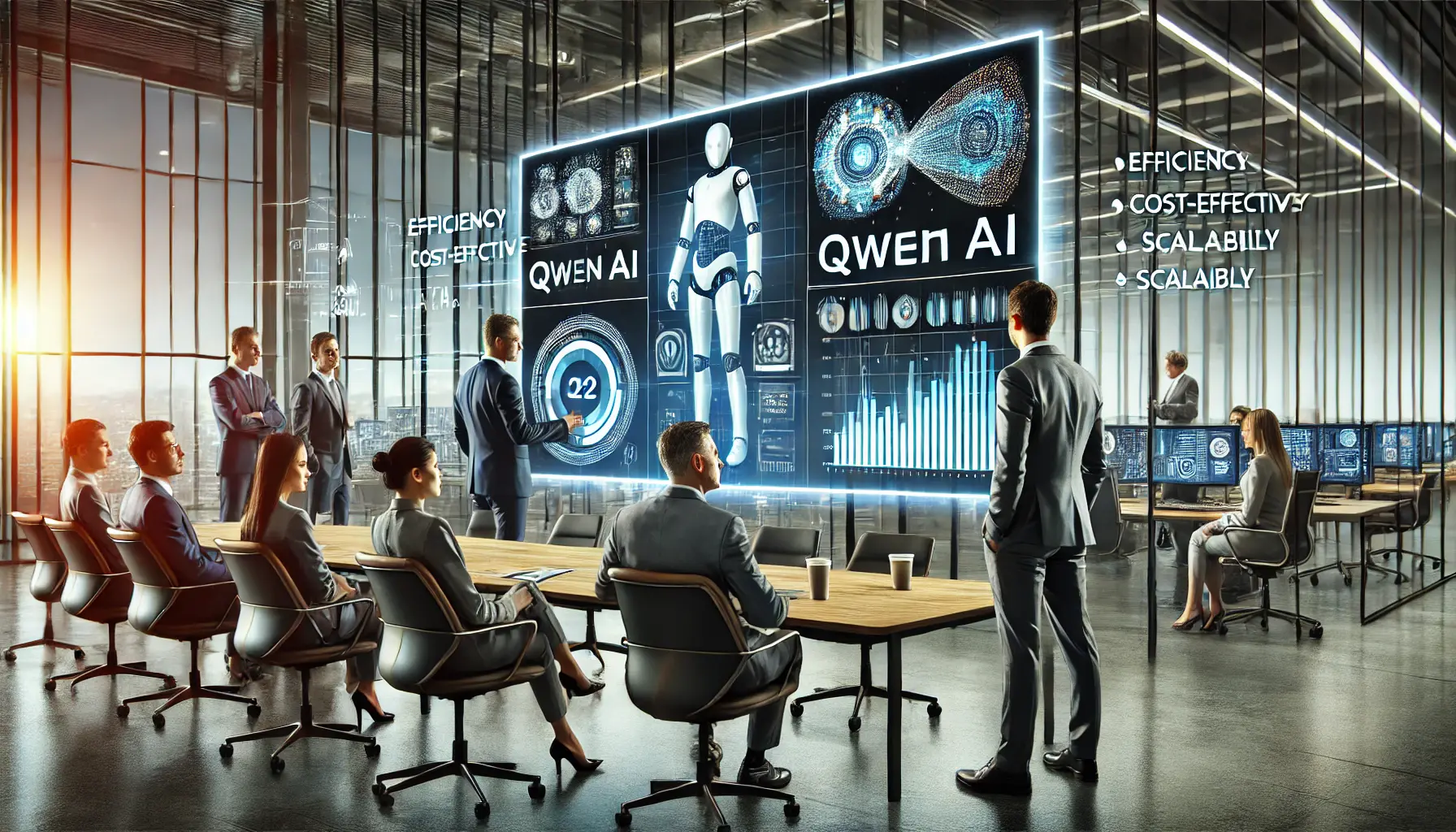 A modern business environment where professionals evaluate the benefits of implementing Qwen AI, focusing on efficiency, cost-effectiveness, and scalability.