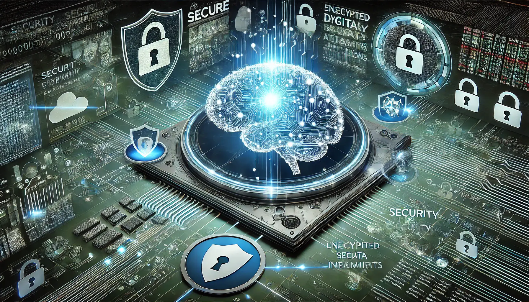 A digital concept featuring a secure AI brain surrounded by encrypted data streams, security shields, and protected connections, symbolizing the importance of security in AI systems.