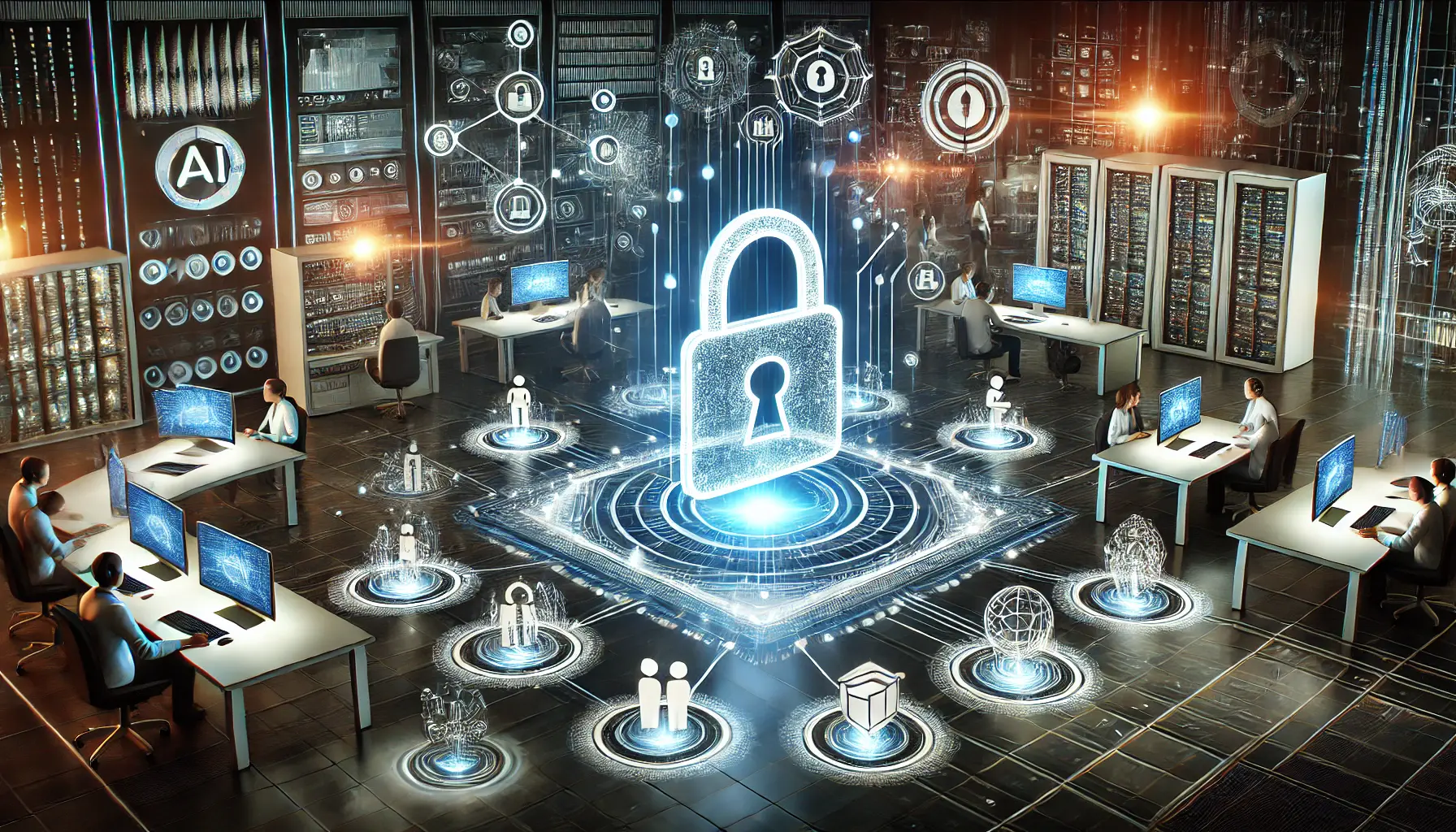 A digital lock surrounded by encryption, firewalls, and access control mechanisms, emphasizing the importance of security for AI systems.