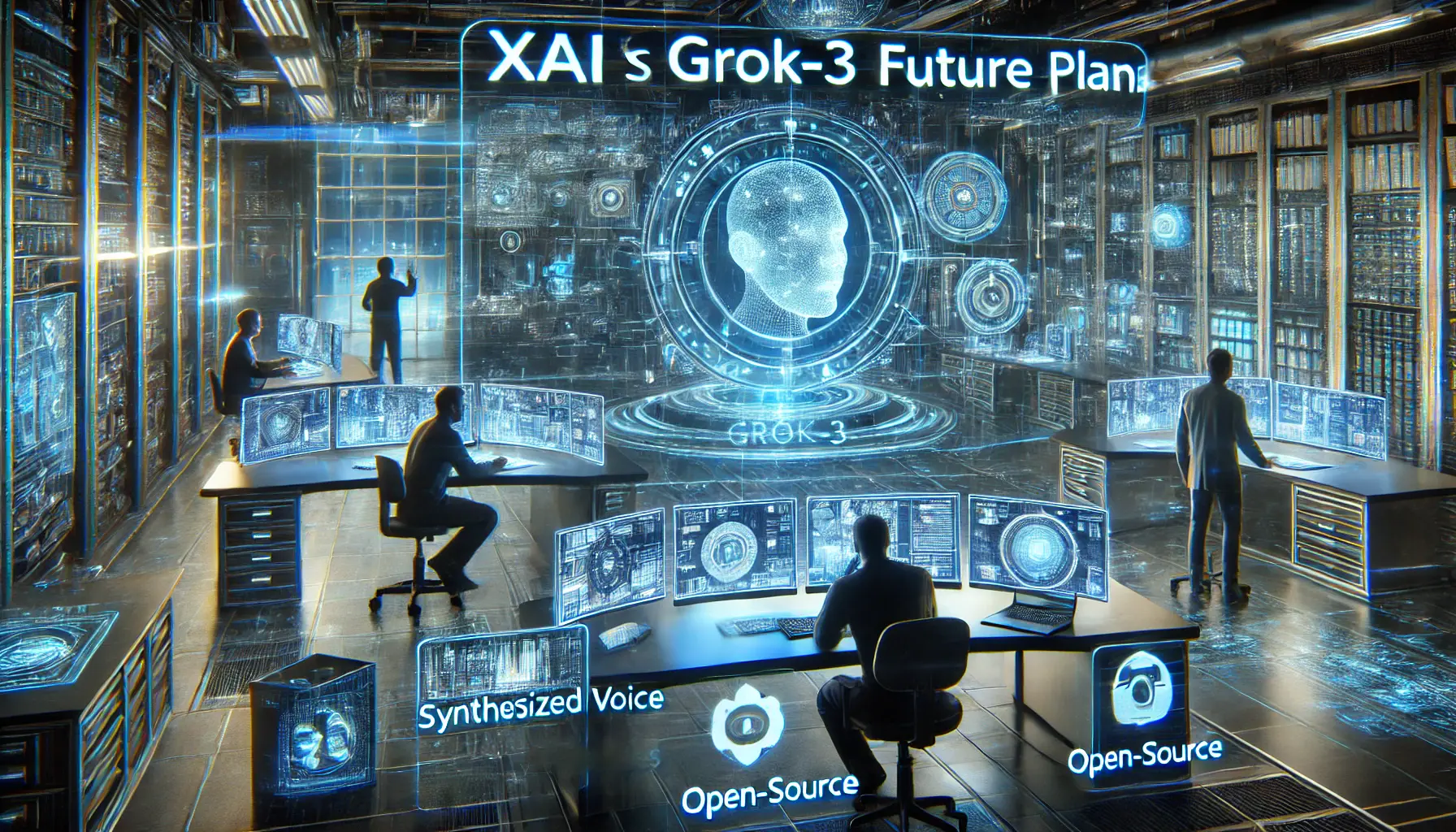 A futuristic AI development environment where engineers analyze holographic displays of Grok-3’s planned enhancements like synthesized voice and memory capabilities.