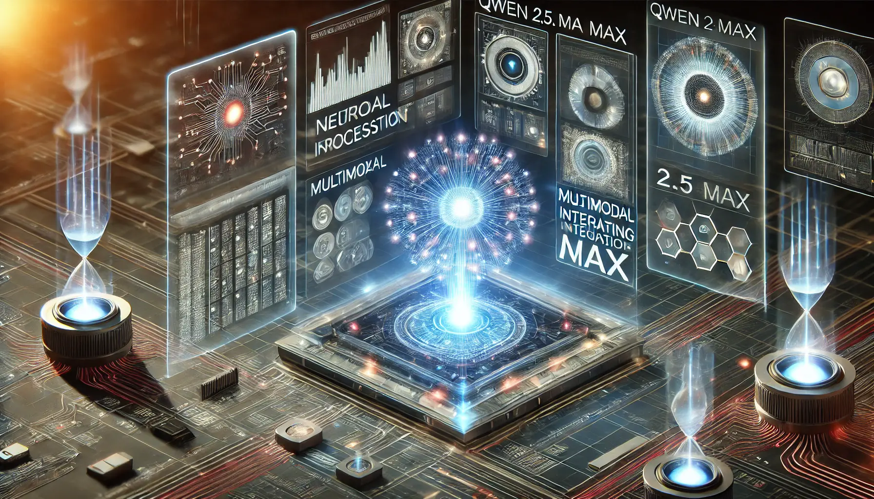 A futuristic AI interface displaying multiple holographic data panels with key AI features such as neural processing, multimodal integration, and deep learning.