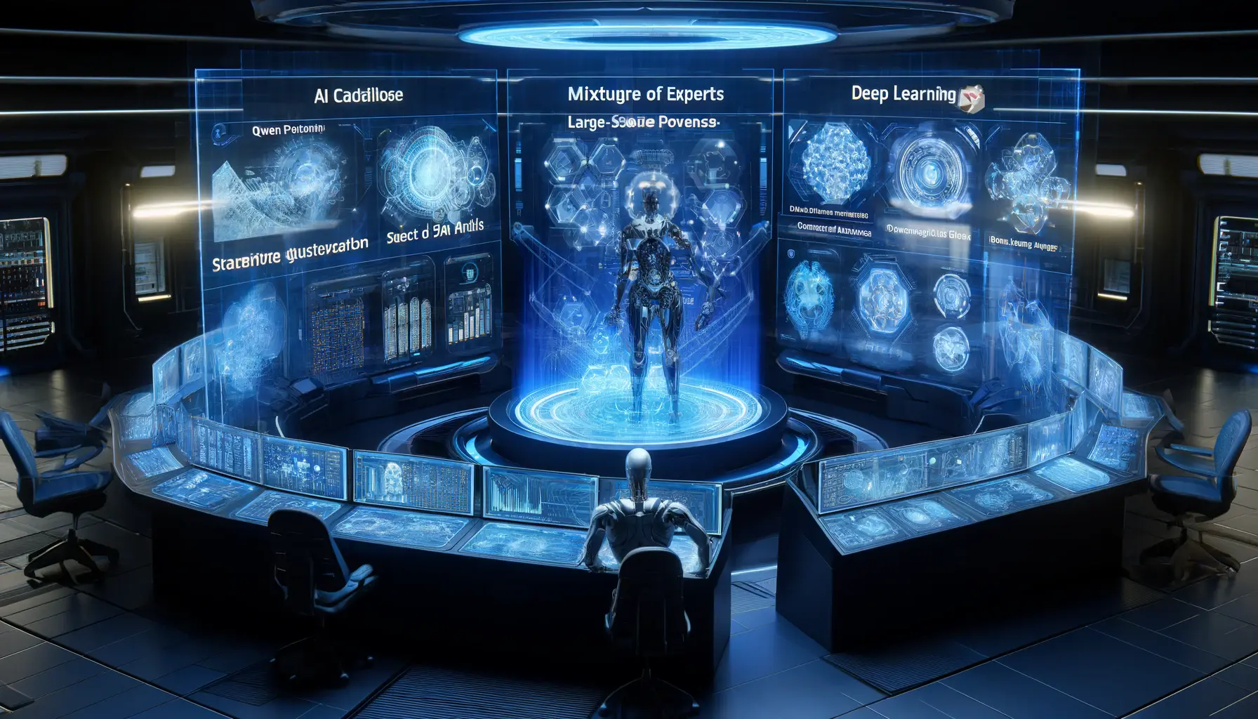 A futuristic AI-driven control center with holographic screens displaying advanced features of Qwen 2.5 Max, including Mixture-of-Experts processing, scalability, and deep learning networks.