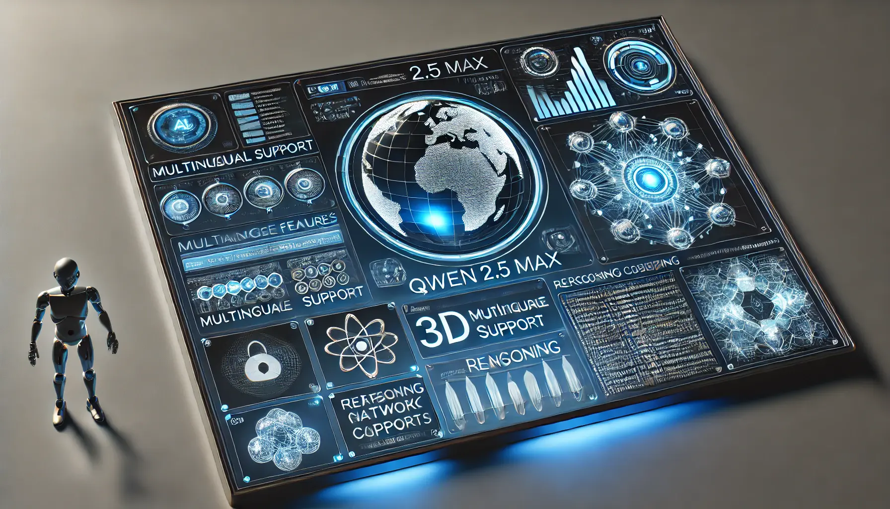 A futuristic AI control panel showcasing advanced features of Qwen 2.5 Max, including a holographic globe for multilingual support, neural network visualization, and digital code structures.