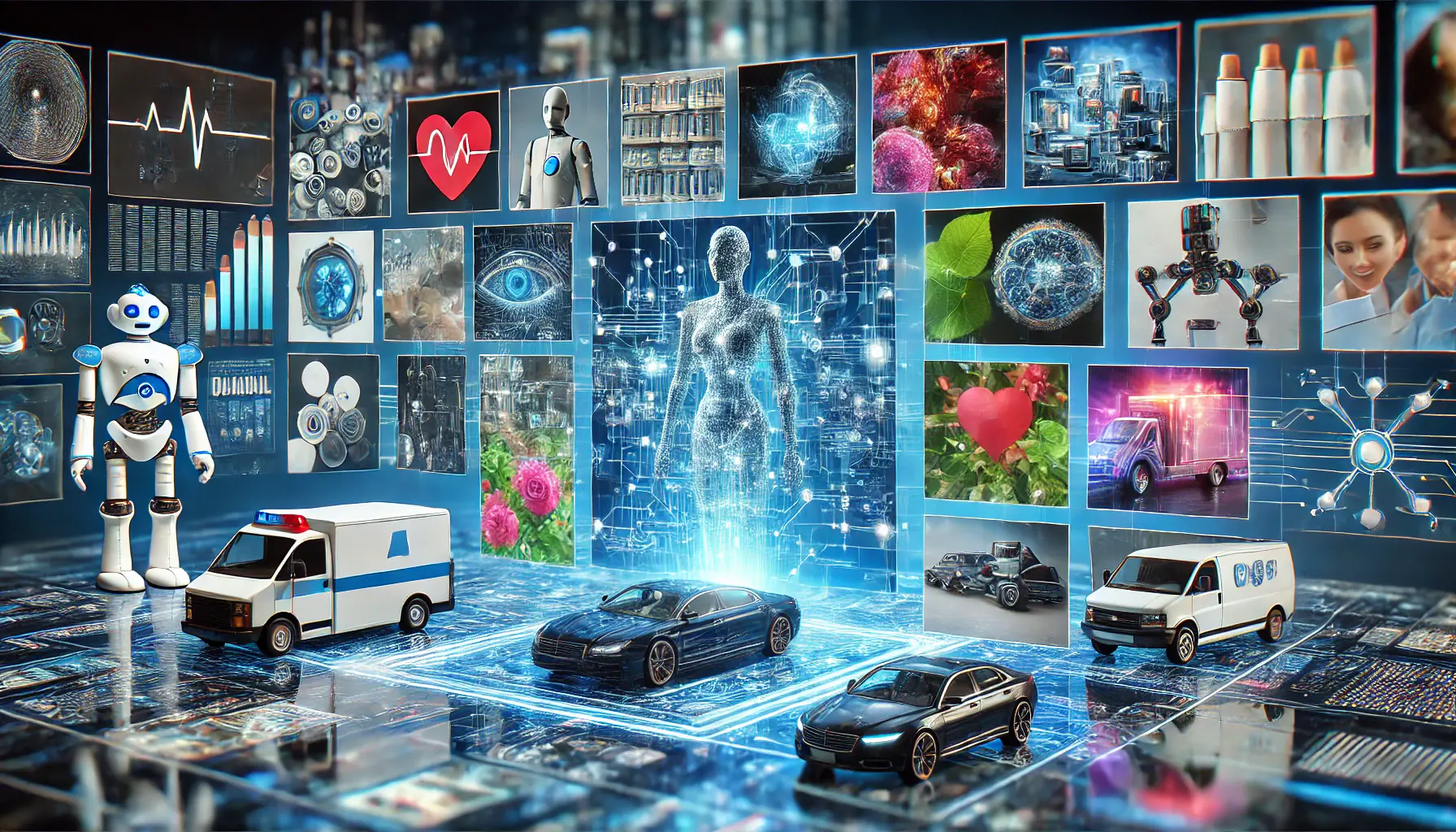 A futuristic visualization of AI-driven image recognition featuring a neural network overlay processing diverse digital images such as medical scans, autonomous vehicles, retail products, and security footage.