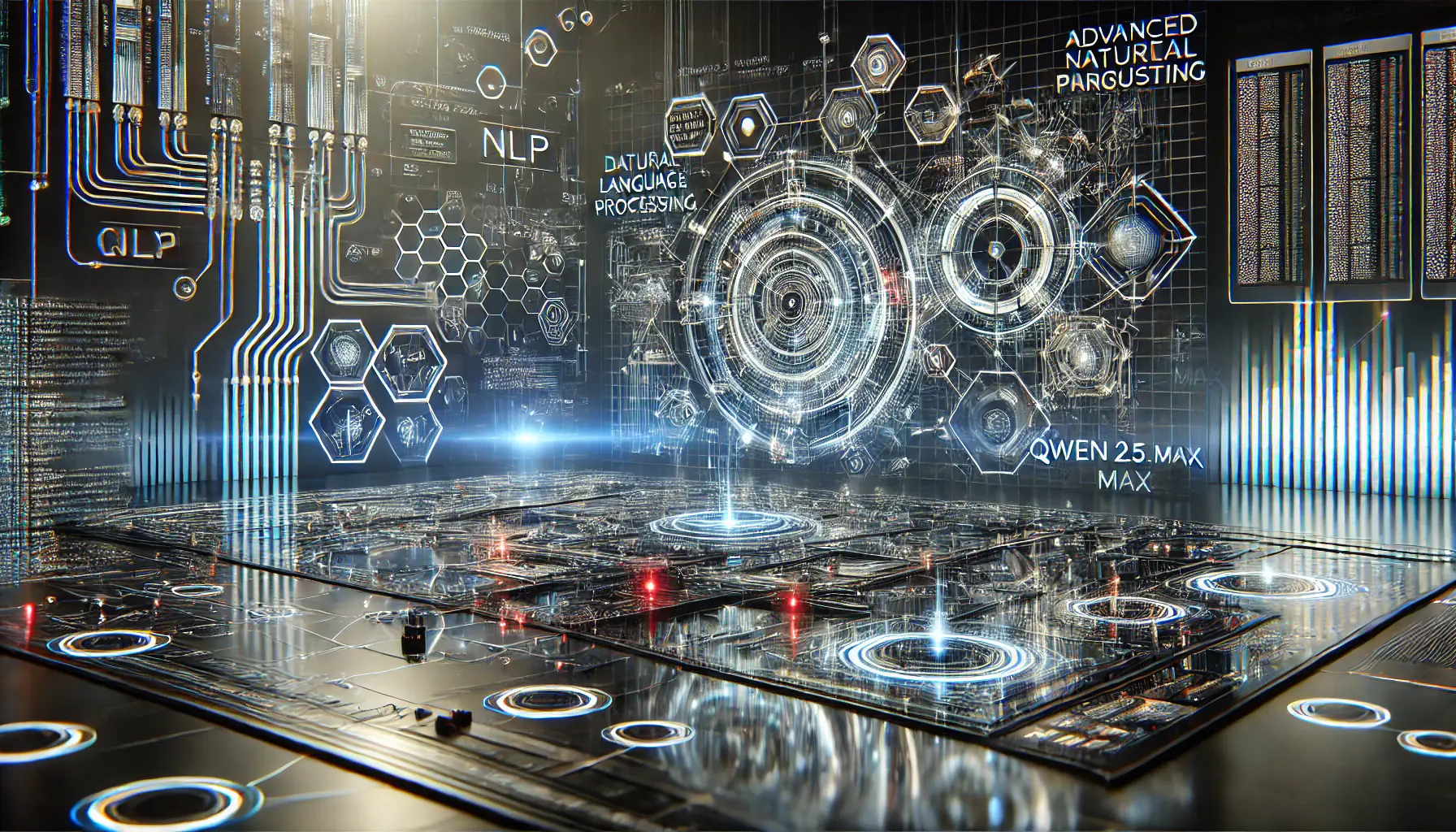 A digital representation of advanced natural language processing (NLP) capabilities, featuring neural networks and data streams showcasing AI's language understanding.