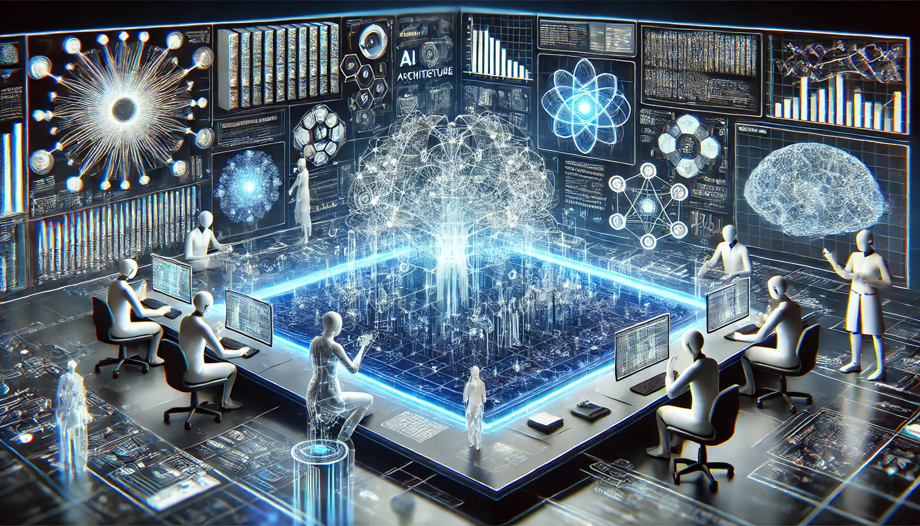 A futuristic digital workspace with holographic displays of neural networks and algorithmic structures, showcasing advancements in AI model architecture.