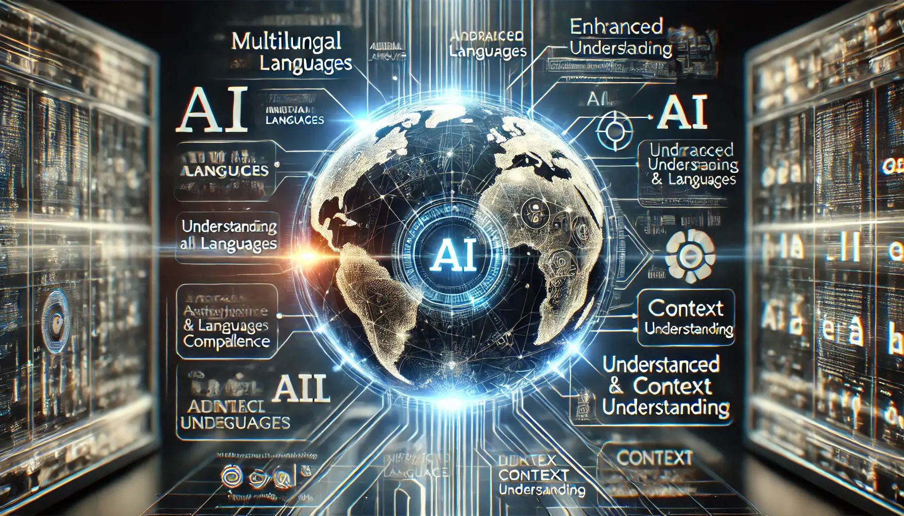 A high-tech representation of AI advancements in multilingual competence, showcasing improved language processing and efficiency.