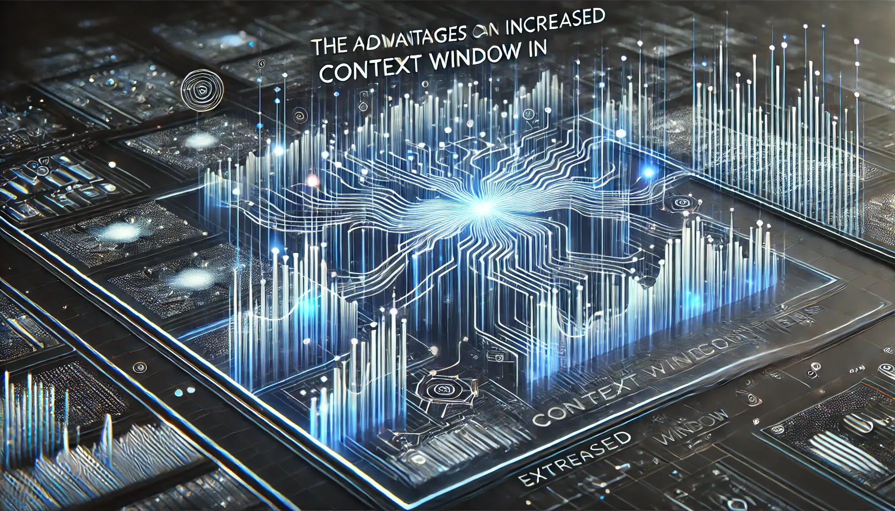 A digital representation of the advantages of an increased context window in AI, with interconnected data streams and glowing pulses symbolizing improved coherence and performance.