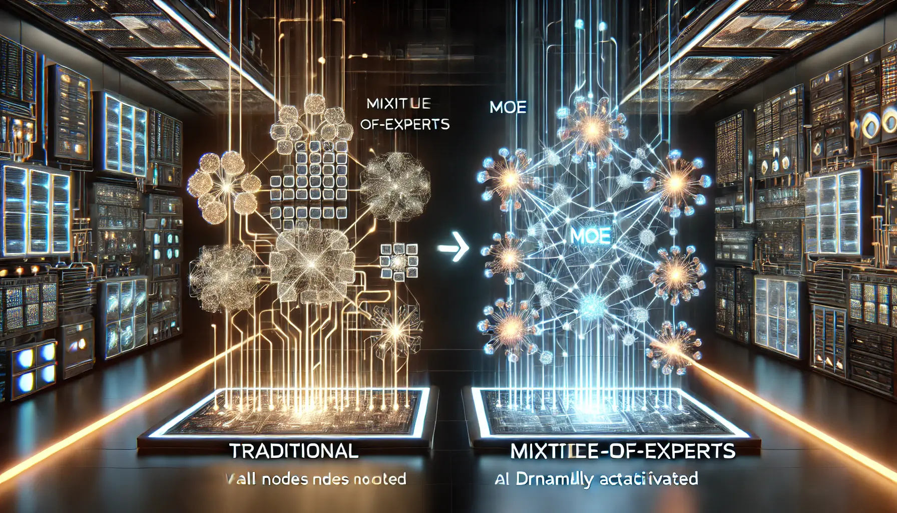 A futuristic AI comparison highlighting the Mixture-of-Experts (MoE) structure versus a traditional dense neural network, with glowing pathways on the MoE side.