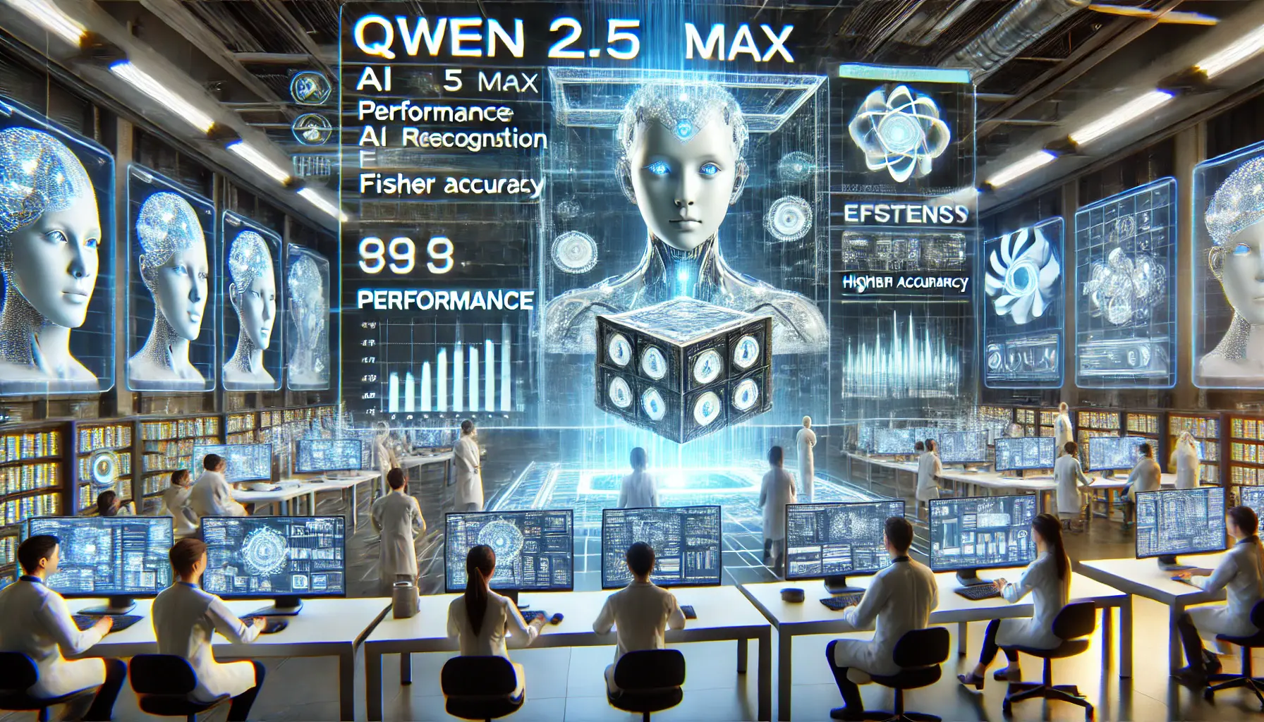 A high-tech AI comparison interface displaying multiple AI models side by side with performance metrics, efficiency graphs, and real-time data processing, highlighting Qwen 2.5 Max’s superiority.