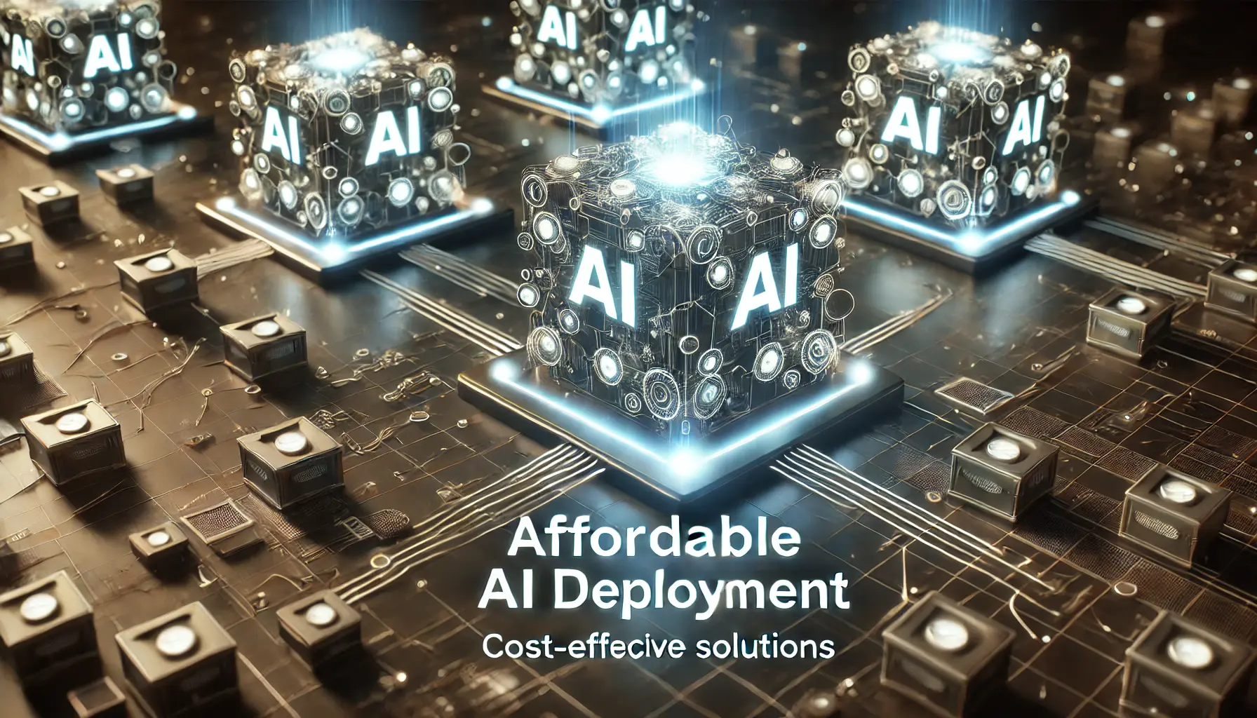 A futuristic digital representation of affordable AI deployment with interconnected glowing modules symbolizing cost-effective solutions.