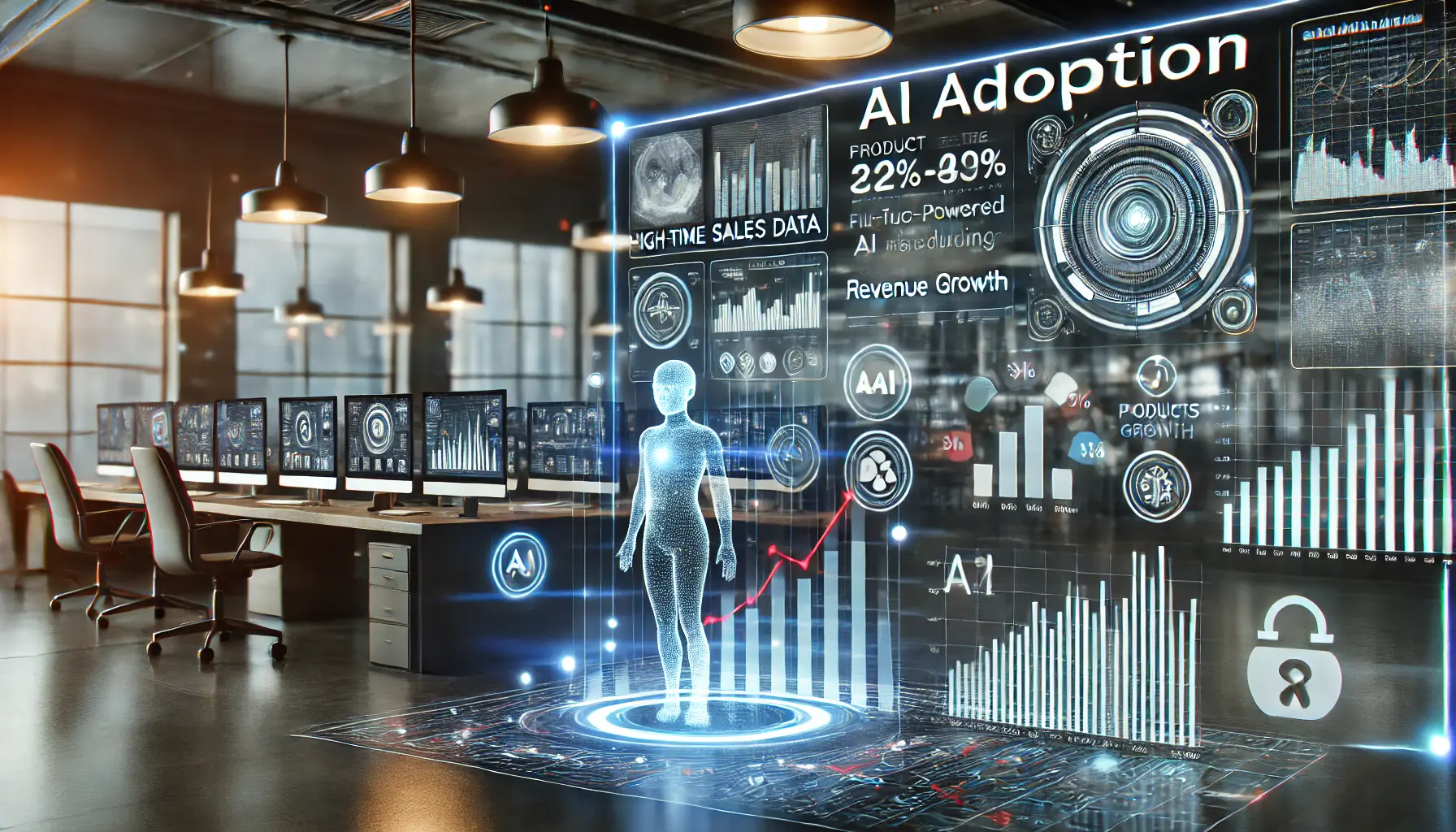 A high-tech business environment where AI adoption is driving revenue growth, with digital dashboards showing sales data and AI-powered analytics.