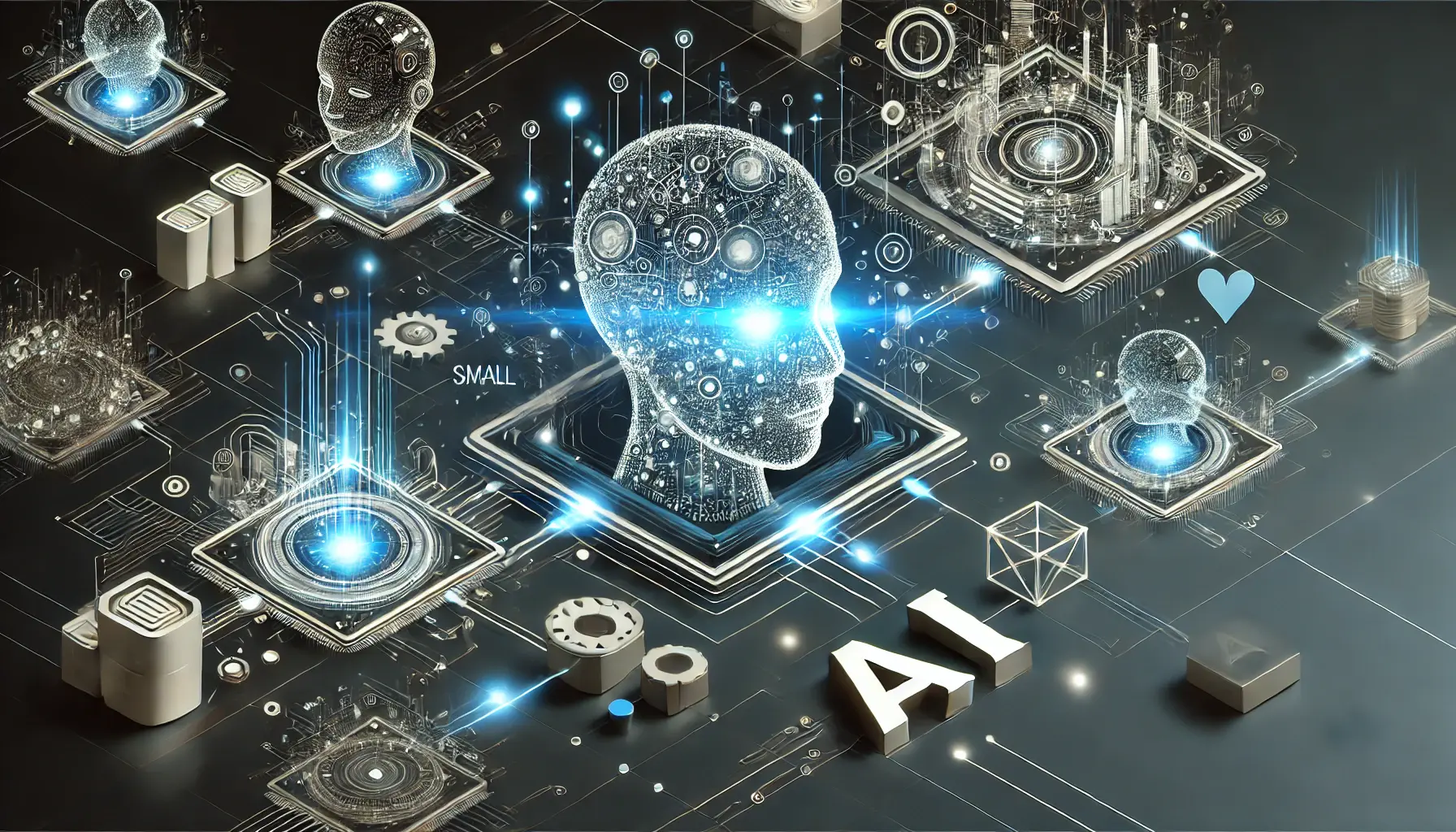 A digital illustration of AI applications for businesses of all sizes, showing interconnected modules of varying complexity for small, medium, and large enterprises.