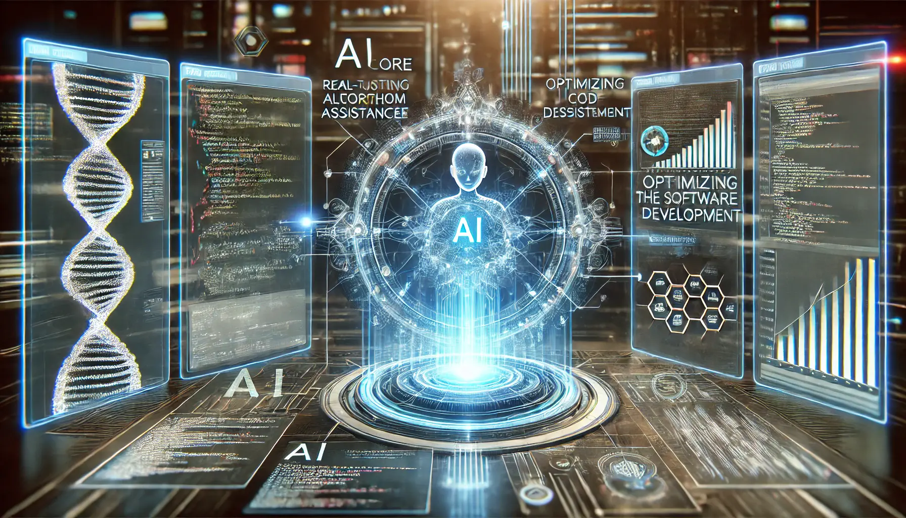 A digital representation of AI assisting in software development, with holographic panels displaying code optimization and debugging processes.