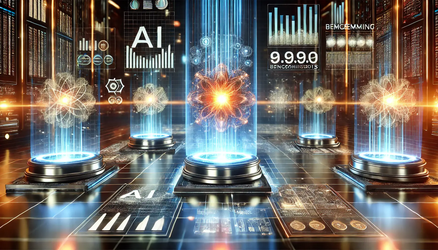 A digital representation of multiple AI systems being compared, each displaying abstract representations of performance scores and linked by data streams.