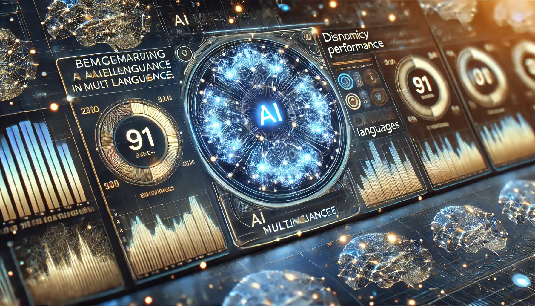 A high-tech representation of AI benchmarking performance with dynamic graphs comparing AI systems across multiple languages.