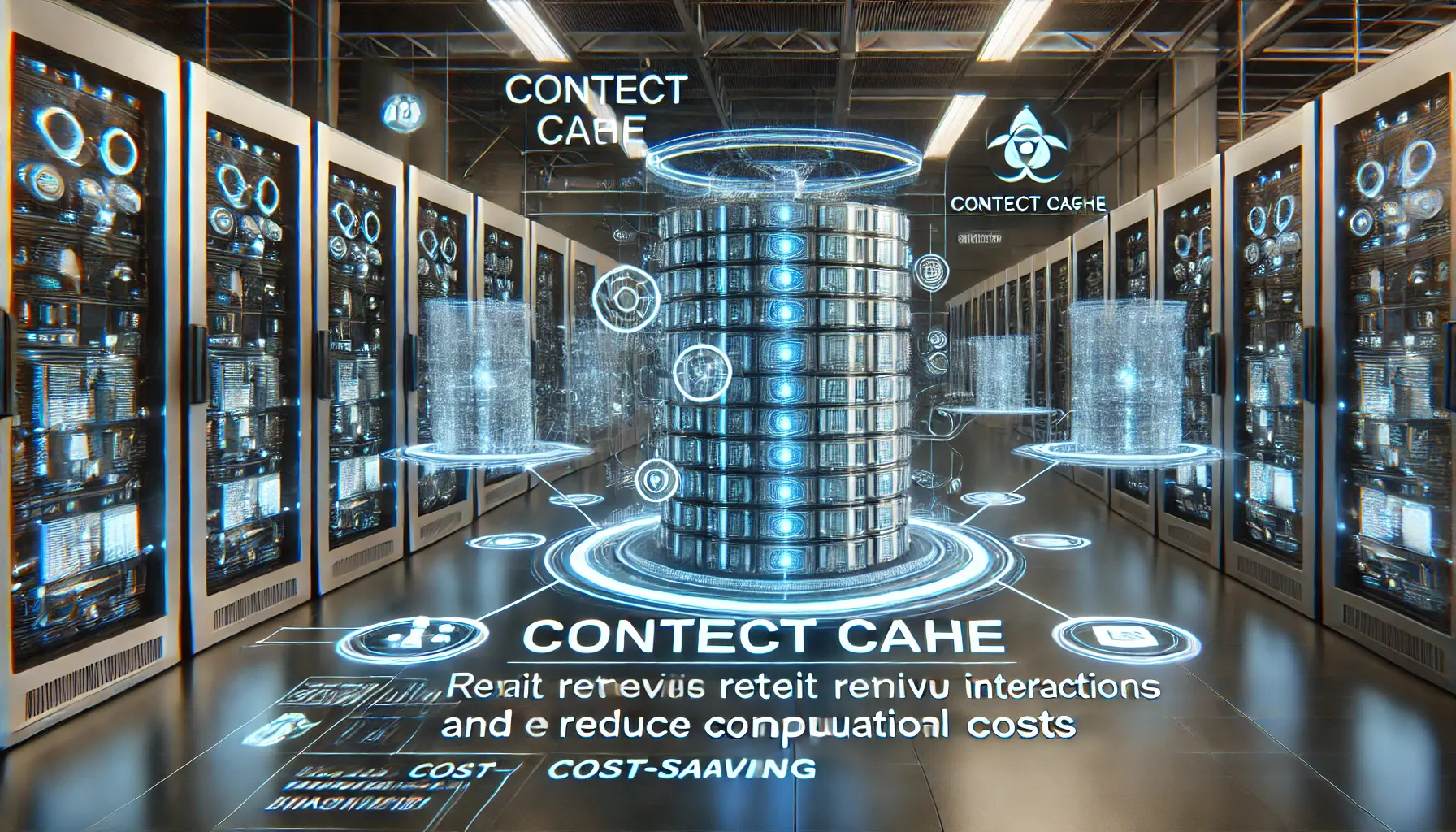 A futuristic AI environment with advanced servers using context cache to optimize data processing and reduce computational costs.