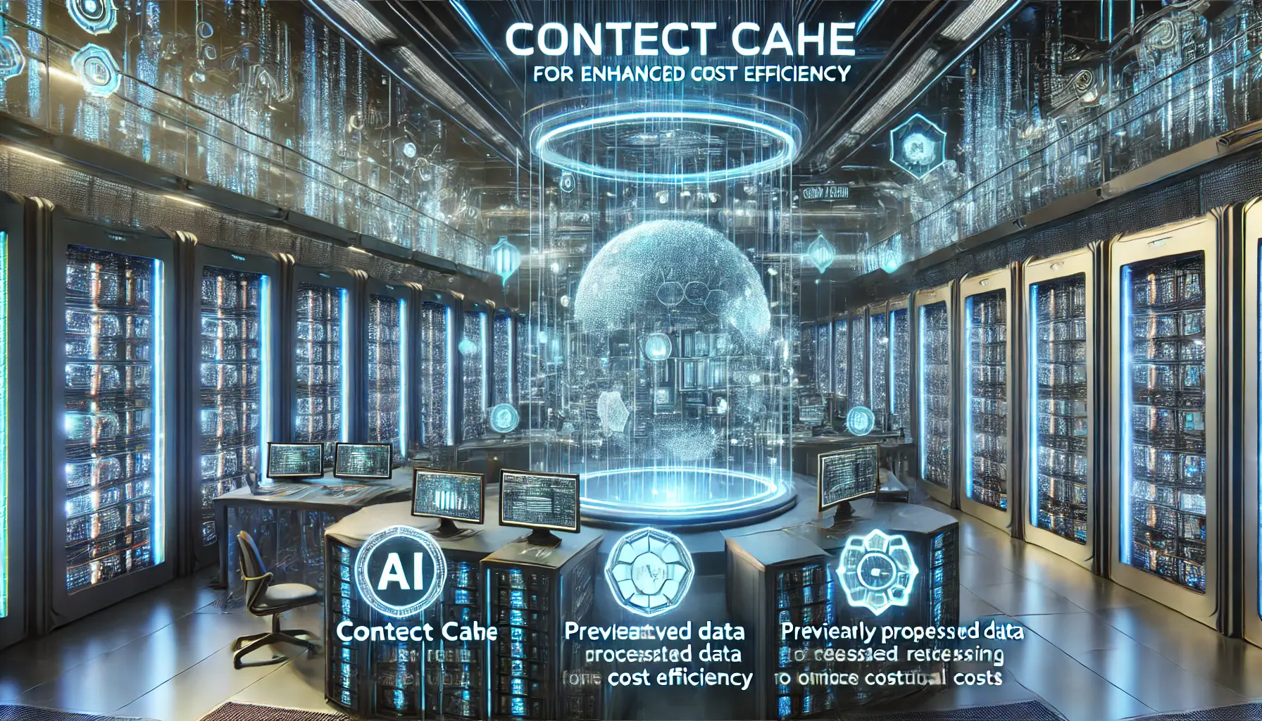 A futuristic AI data center utilizing context cache to improve cost efficiency by retaining previous data.