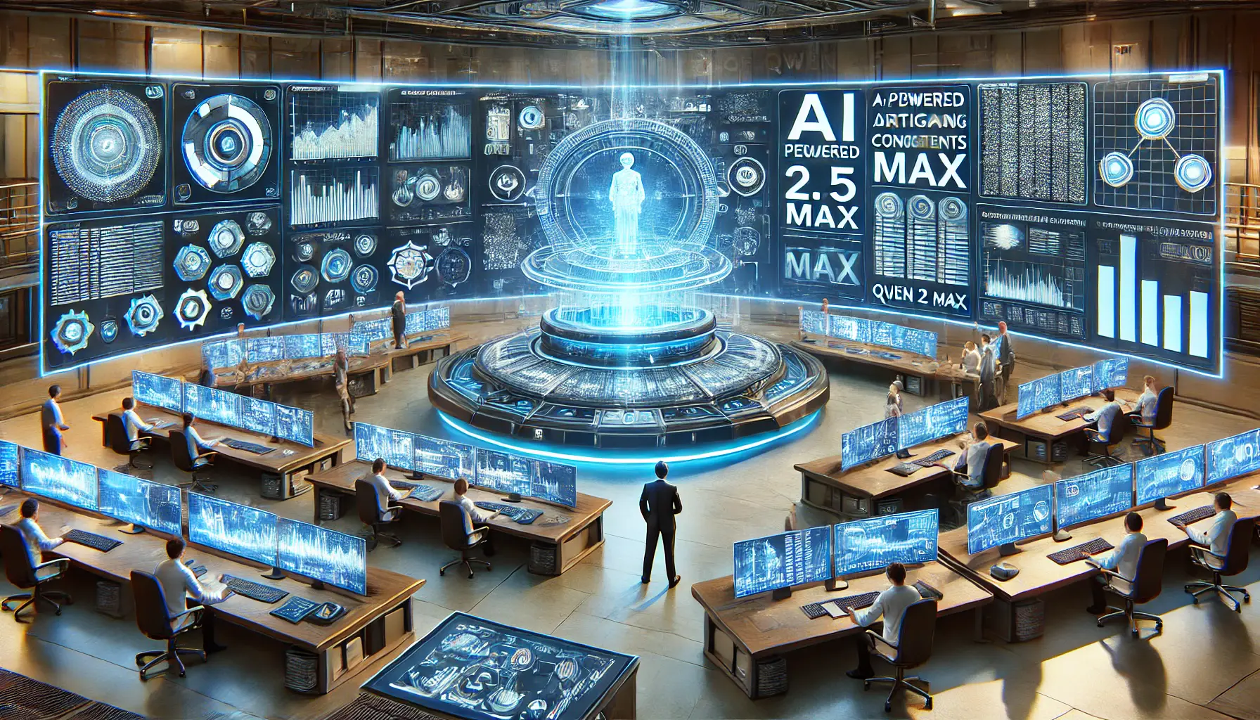 A futuristic AI control center with engineers monitoring high-tech digital interfaces displaying AI-powered analytics, algorithm visualizations, and real-time performance metrics.