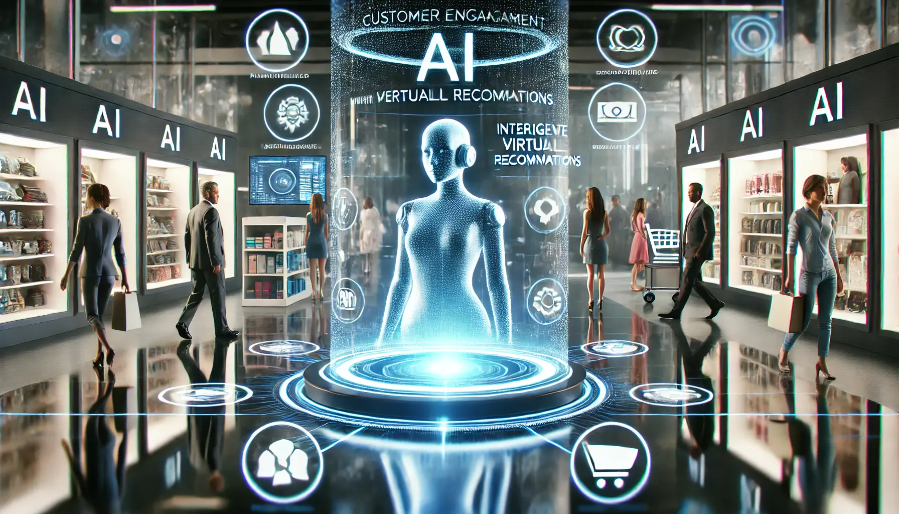 A futuristic environment where AI virtual assistants interact with customers, offering personalized recommendations and interactive product suggestions.