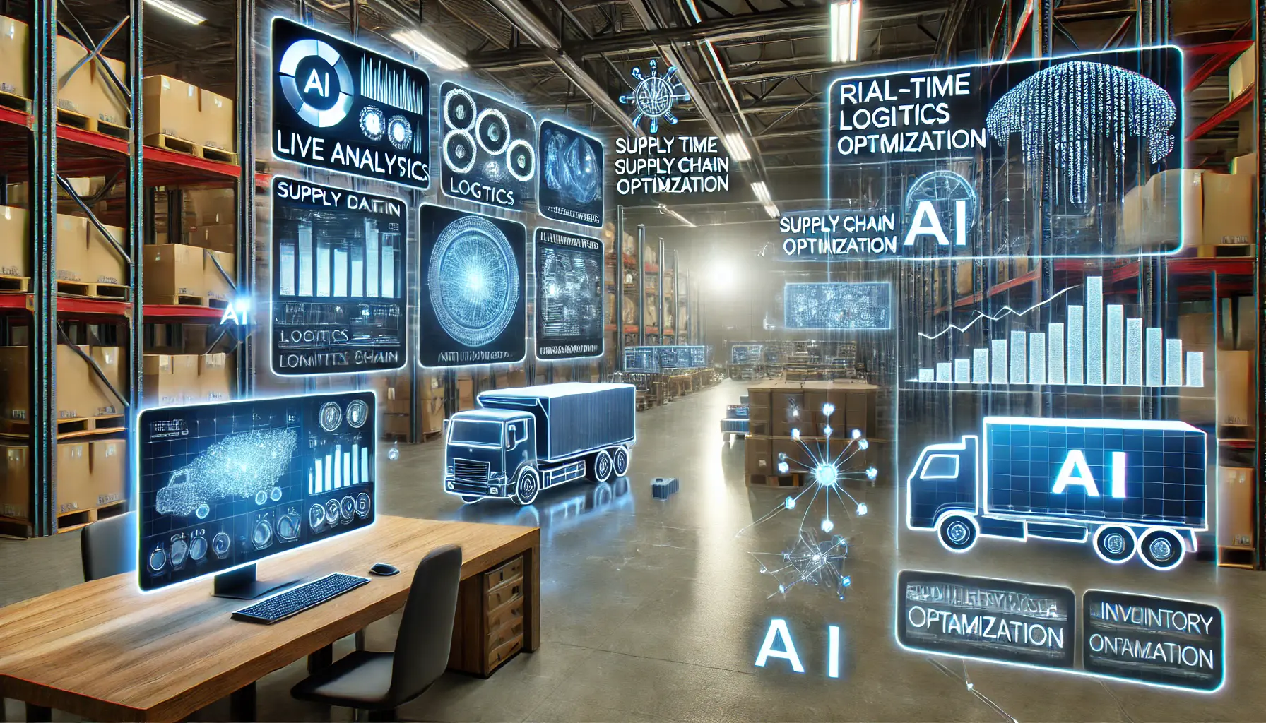 A futuristic operations center powered by AI, showcasing real-time data analysis, inventory management, and supply chain optimization for e-commerce.