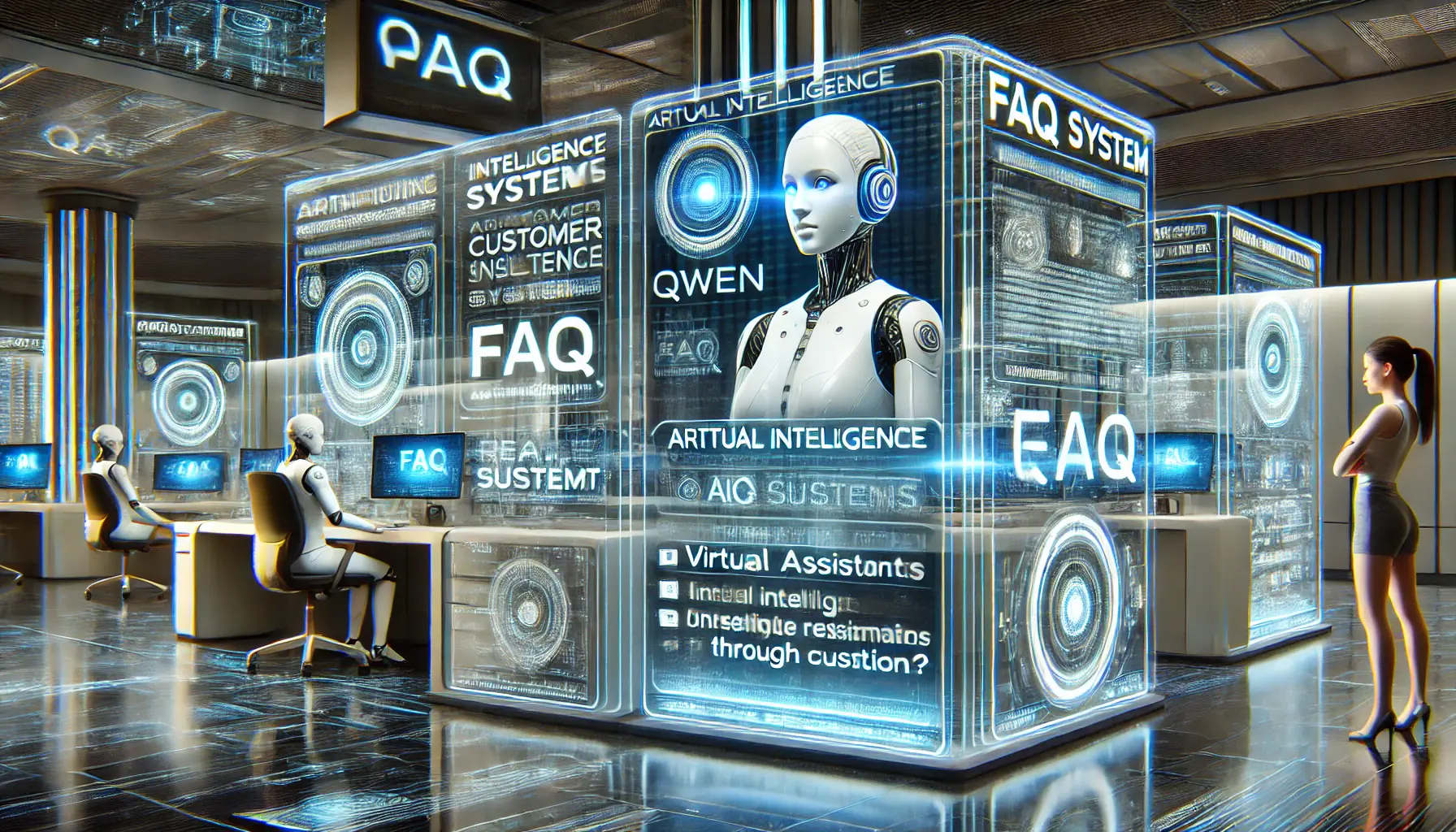 A high-tech digital environment with AI systems powered by Qwen answering customer queries and providing real-time support through holographic displays.