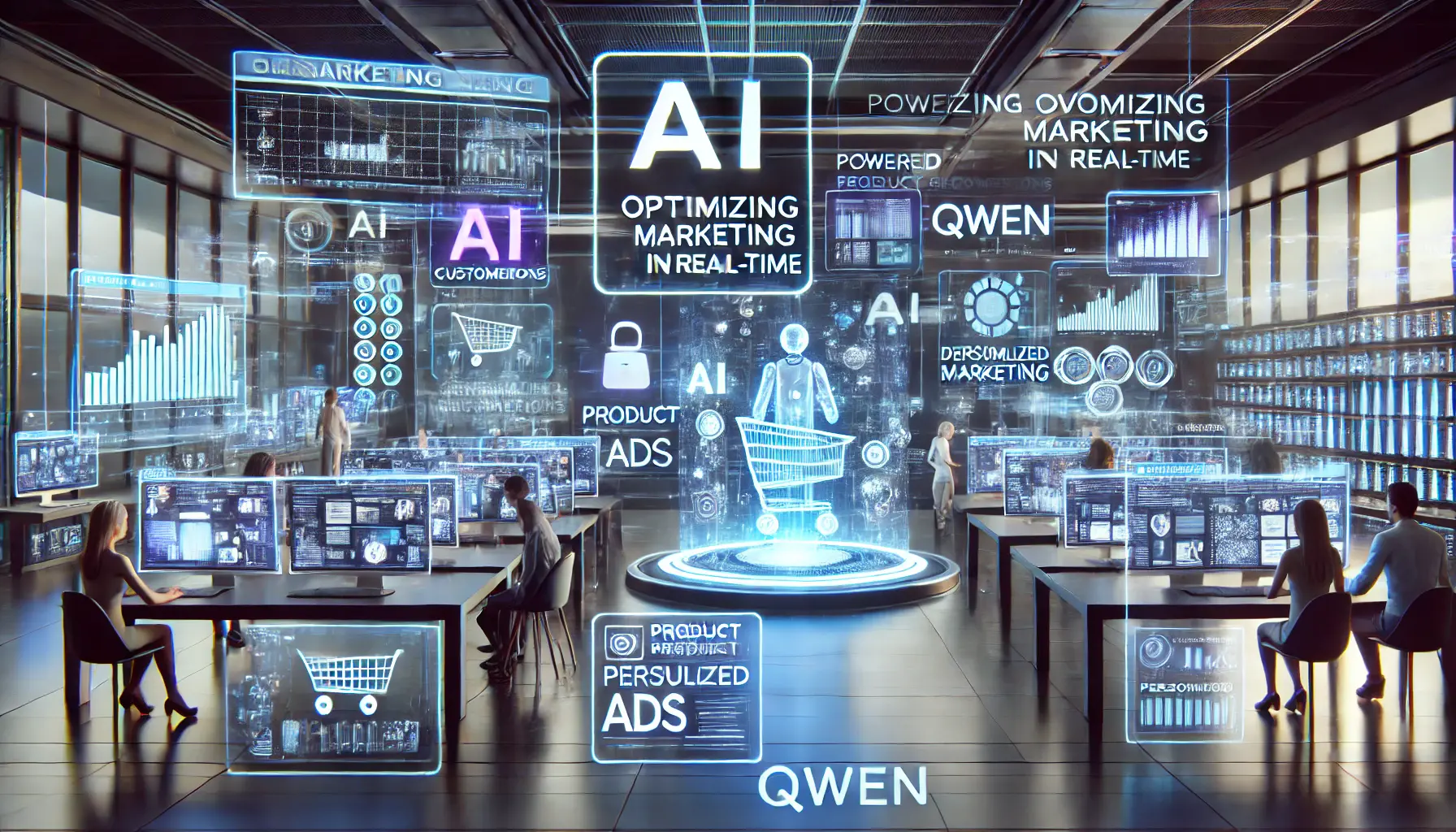 A futuristic digital marketing environment where AI systems powered by Qwen optimize marketing campaigns, targeting ads, and analyzing sales data in real-time.