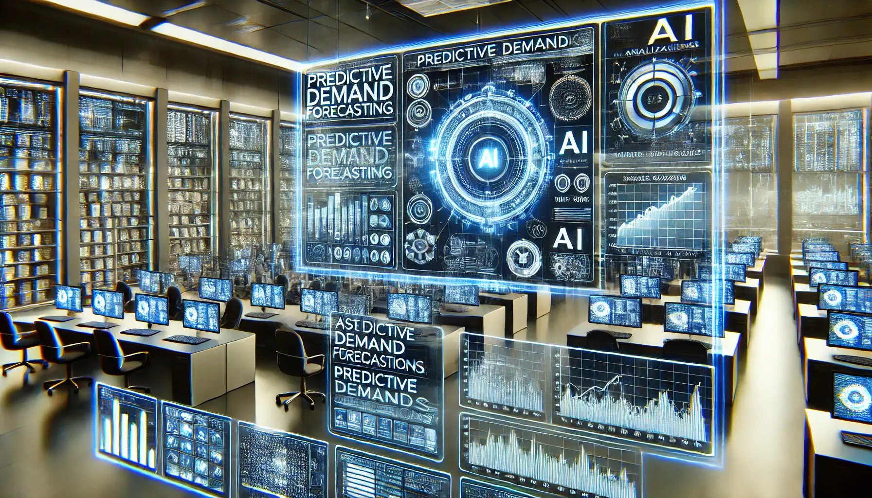 A futuristic data analytics center using AI to forecast demand with holographic data visualizations, graphs, and sales trends.