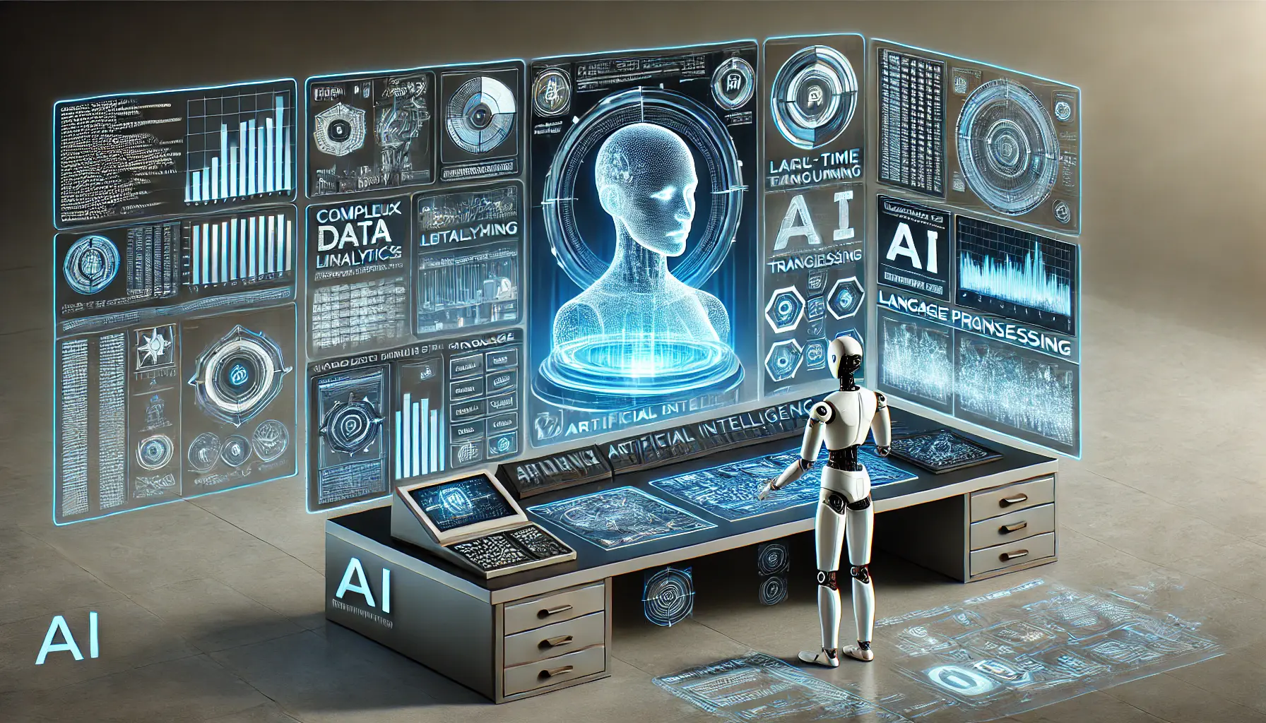 A futuristic AI-powered workspace with holographic displays showing data analytics, language translation, and AI processing.