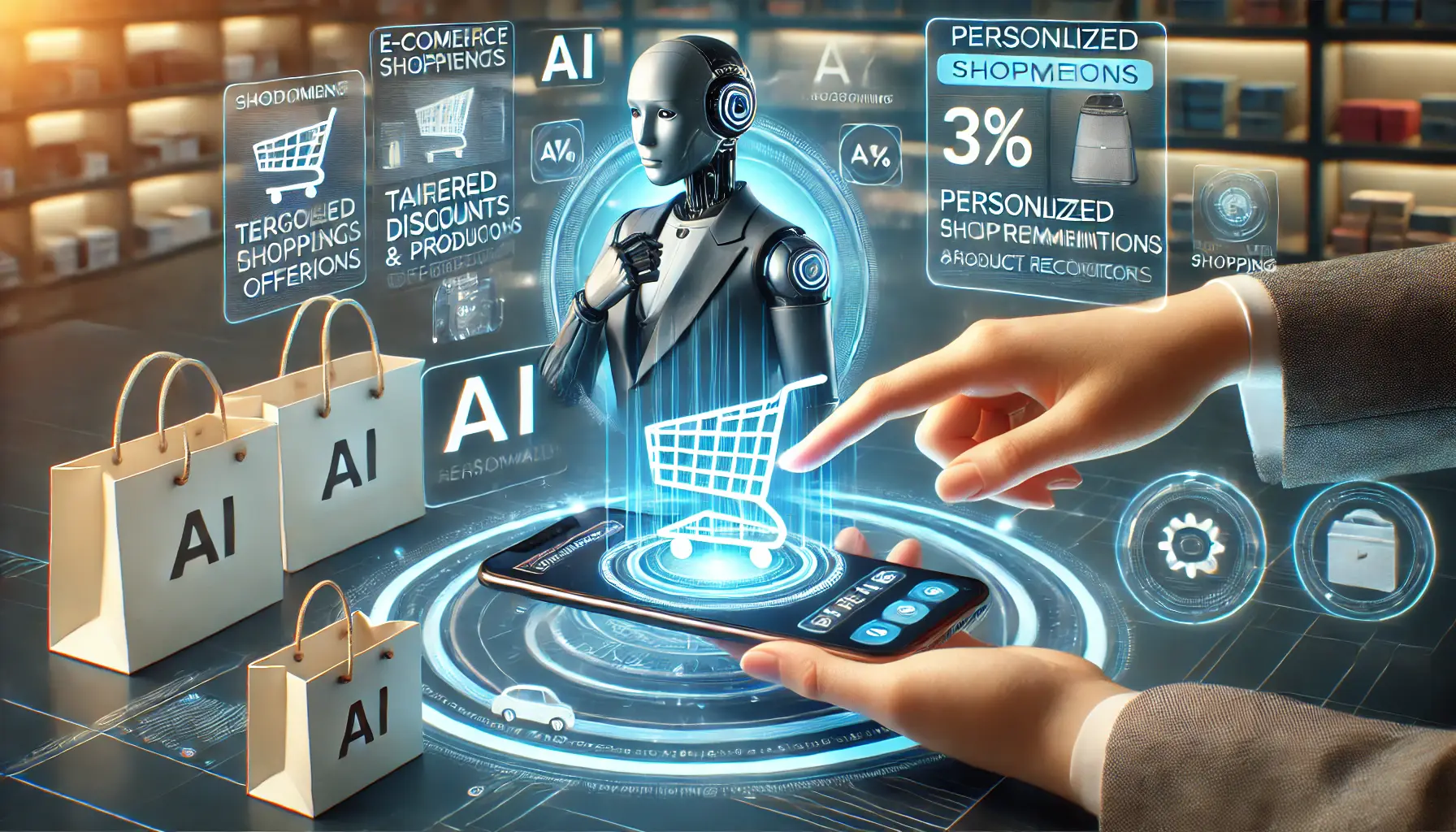 A customer receiving personalized offers and discounts through a high-tech digital shopping interface, with AI-generated product recommendations and promotions.