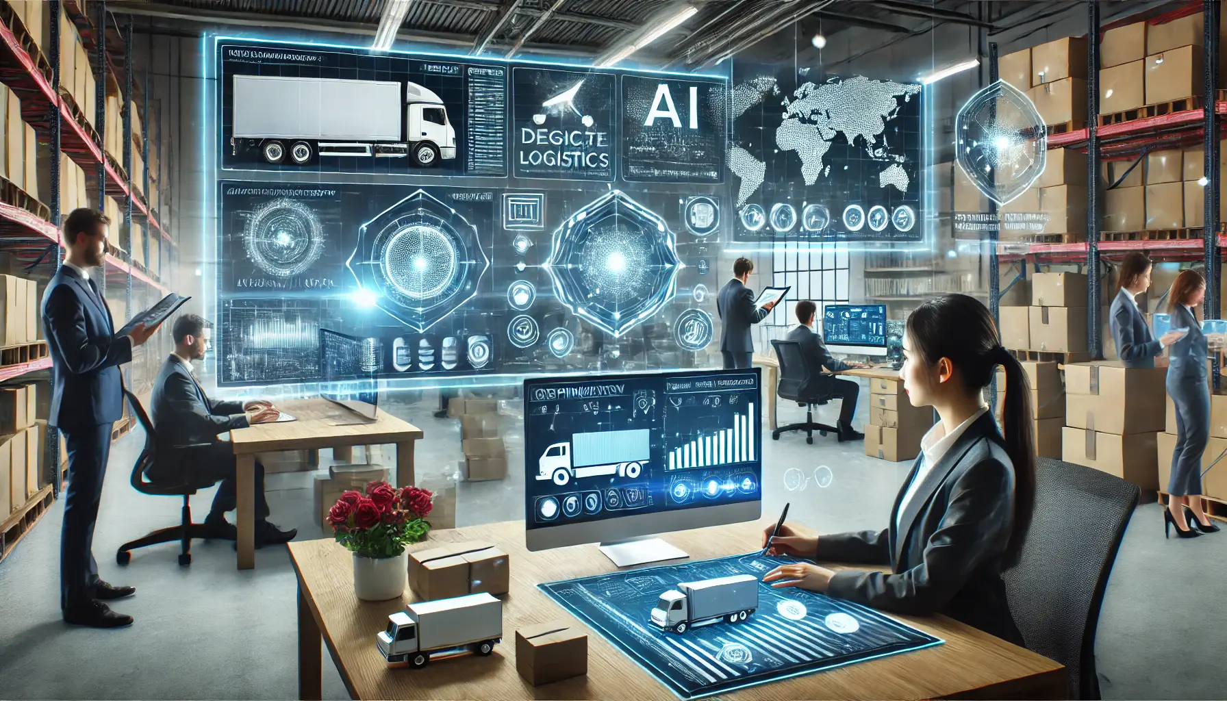 A logistics and supply chain management office where AI systems optimize inventory, delivery, and logistics operations.